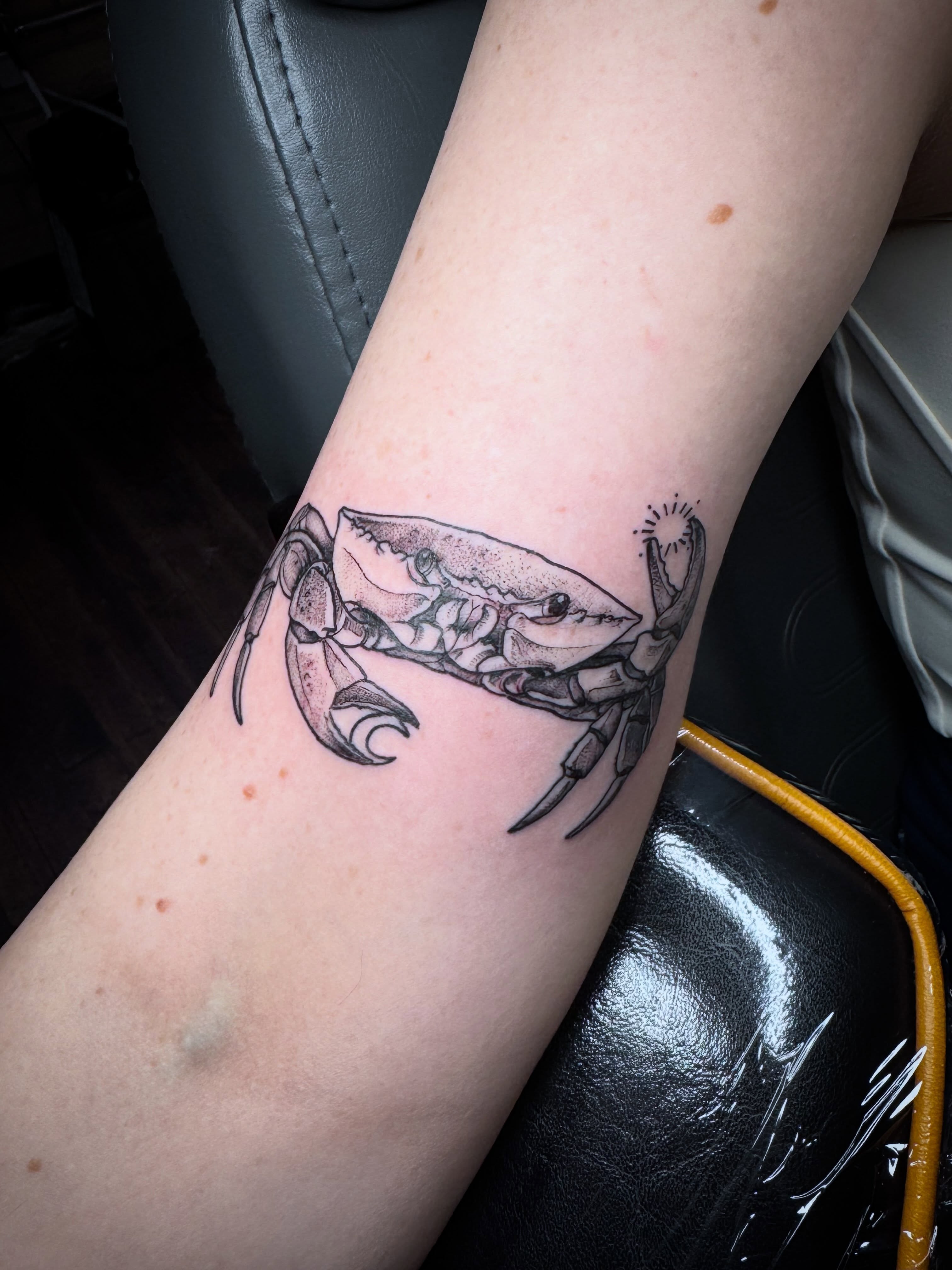 Crab black and grey tattoo on the forearm by 🏵