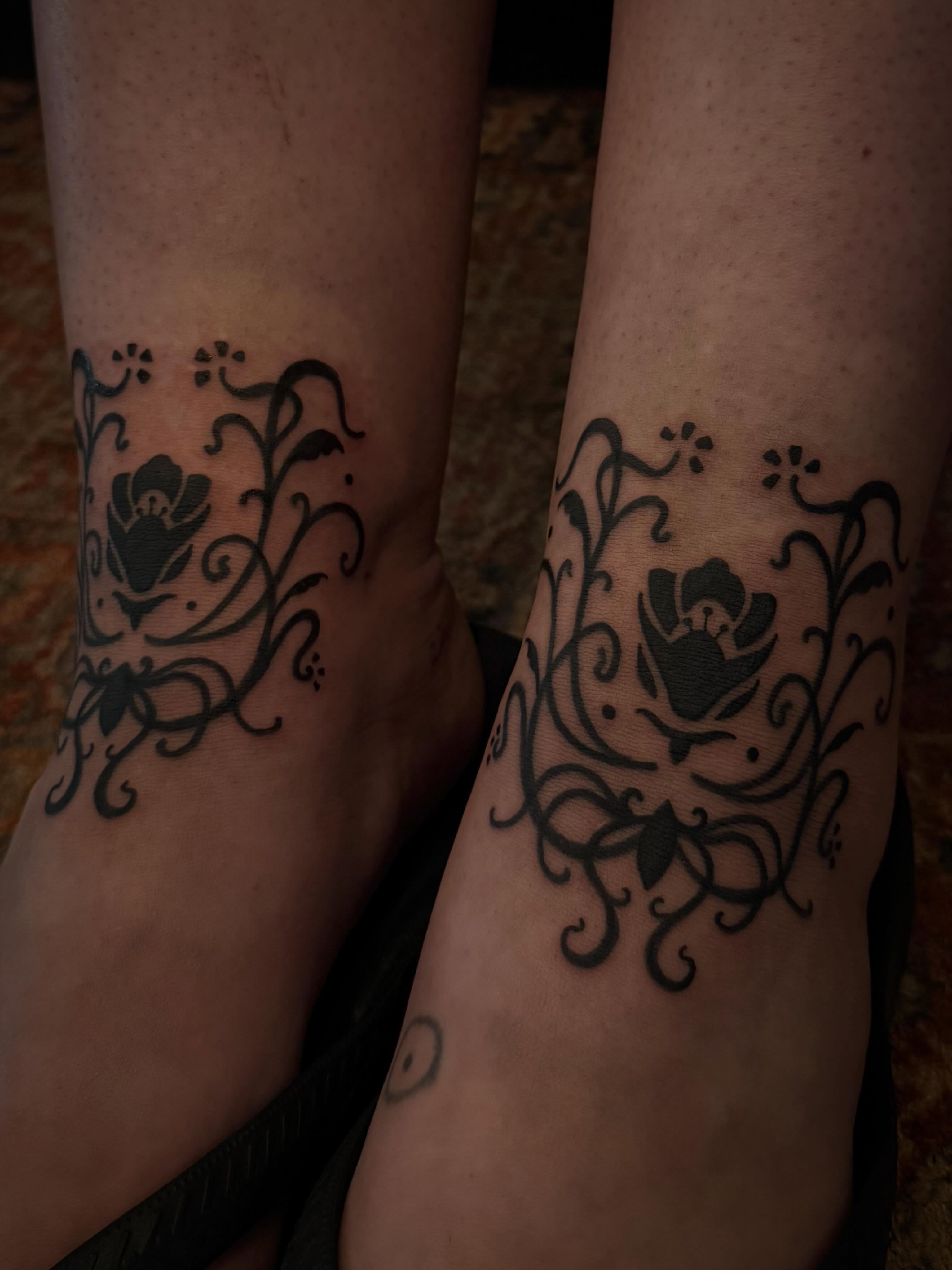Floral vine black and grey tattoo on the calf by Eden H., Columbus, Ohio