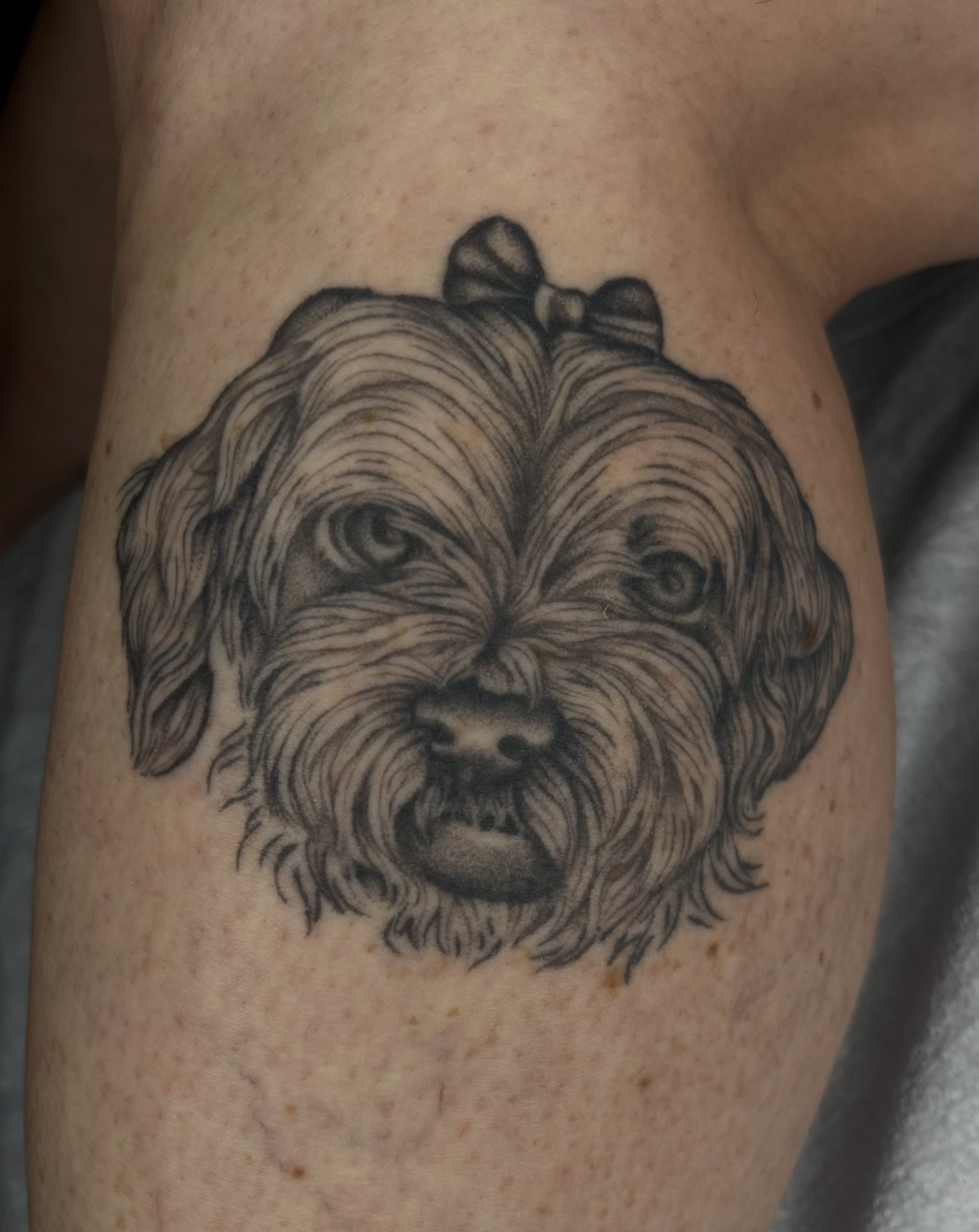 Dog realism tattoo on the thigh by Patrick Elijah