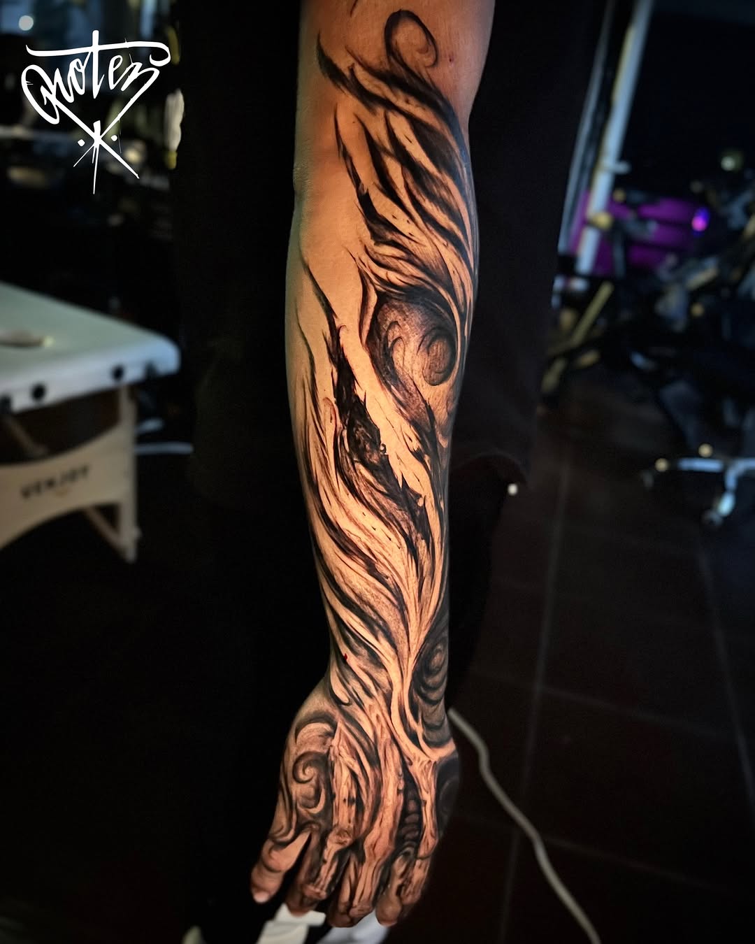 Tattoo by @rotenhill_tattoo — black_and_grey, trash_polka