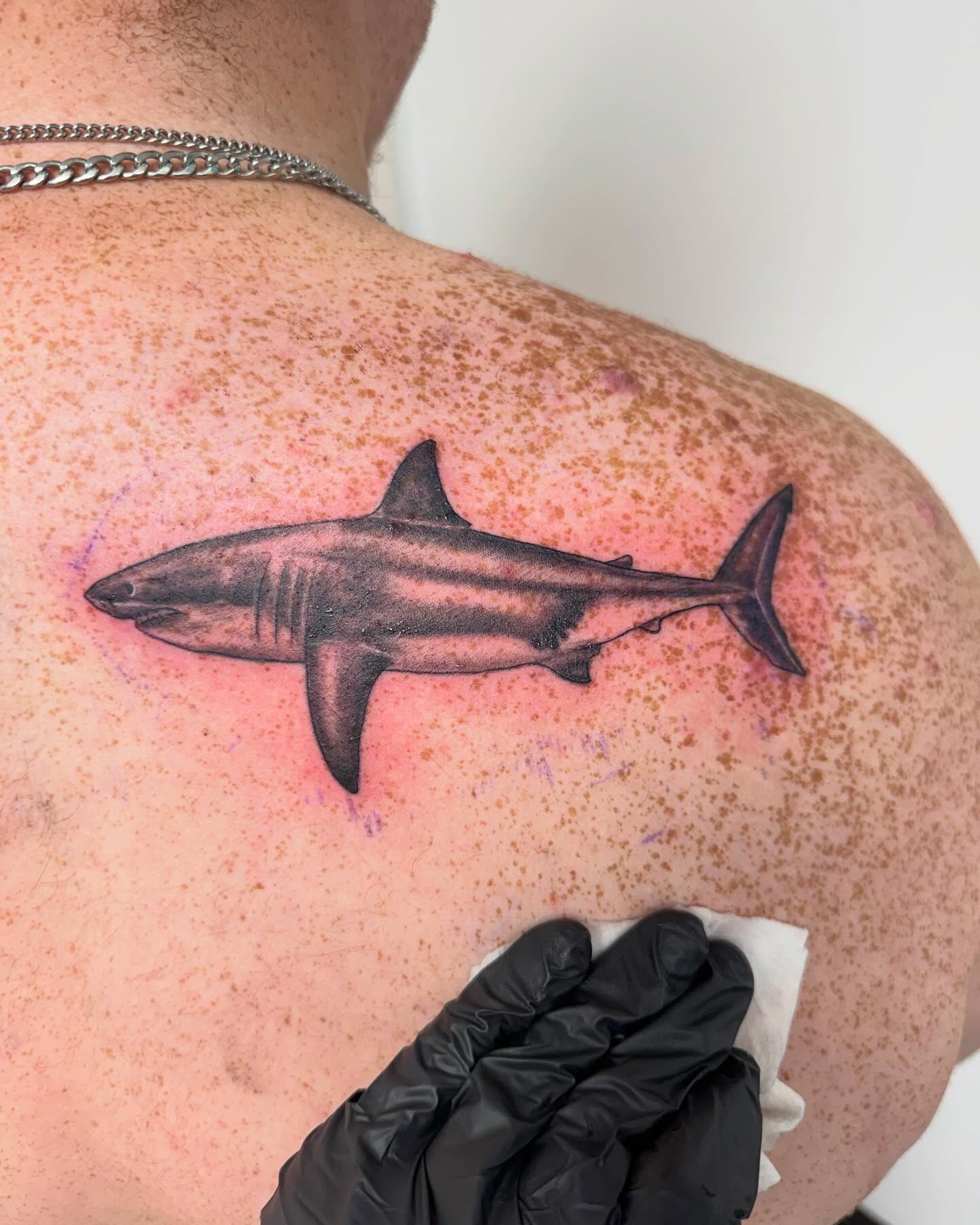 Shark realism tattoo on the back by Brazun Locker Poloschan