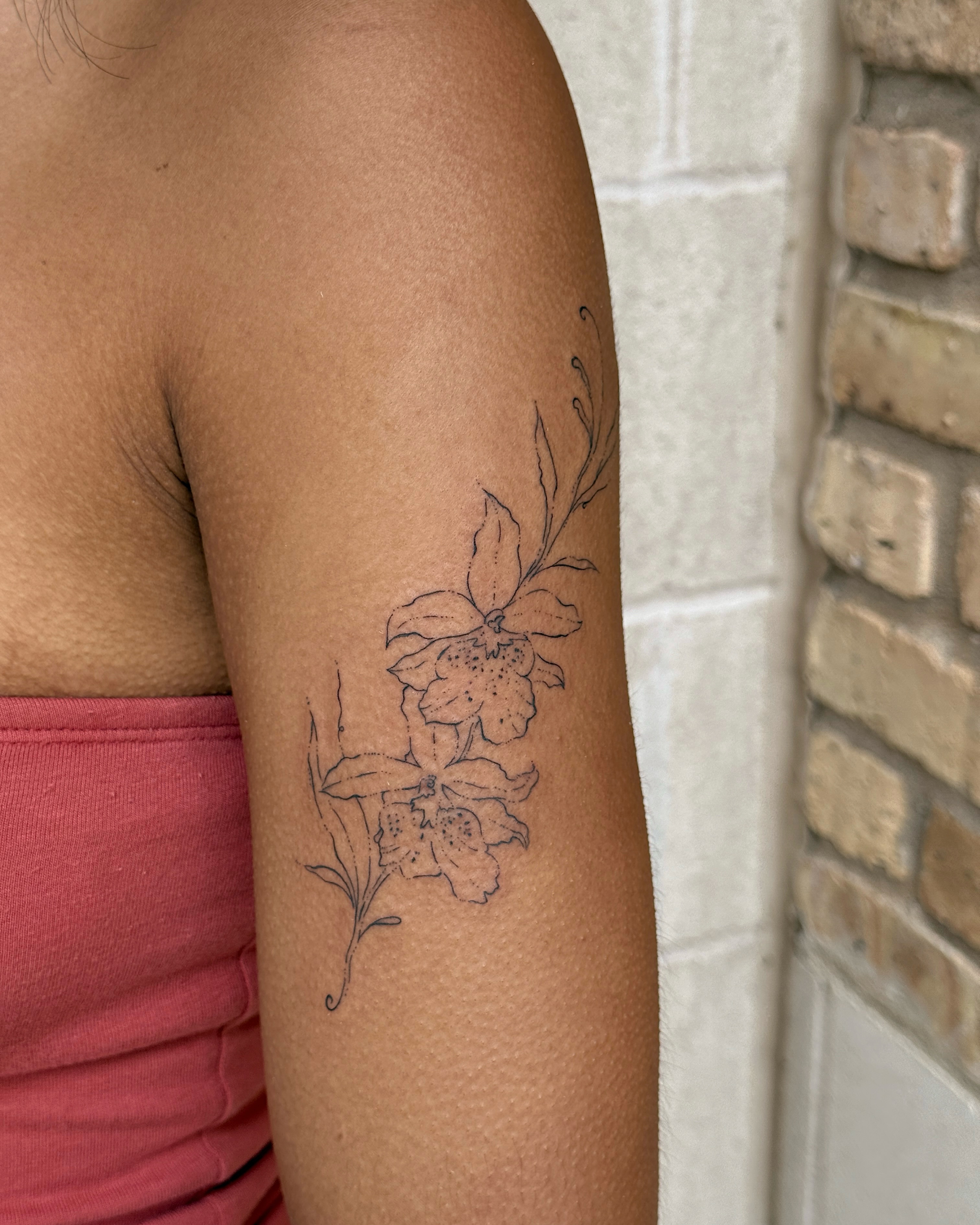 Flowers black and grey tattoo on the forearm by Inky Apricot, Austin, Texas