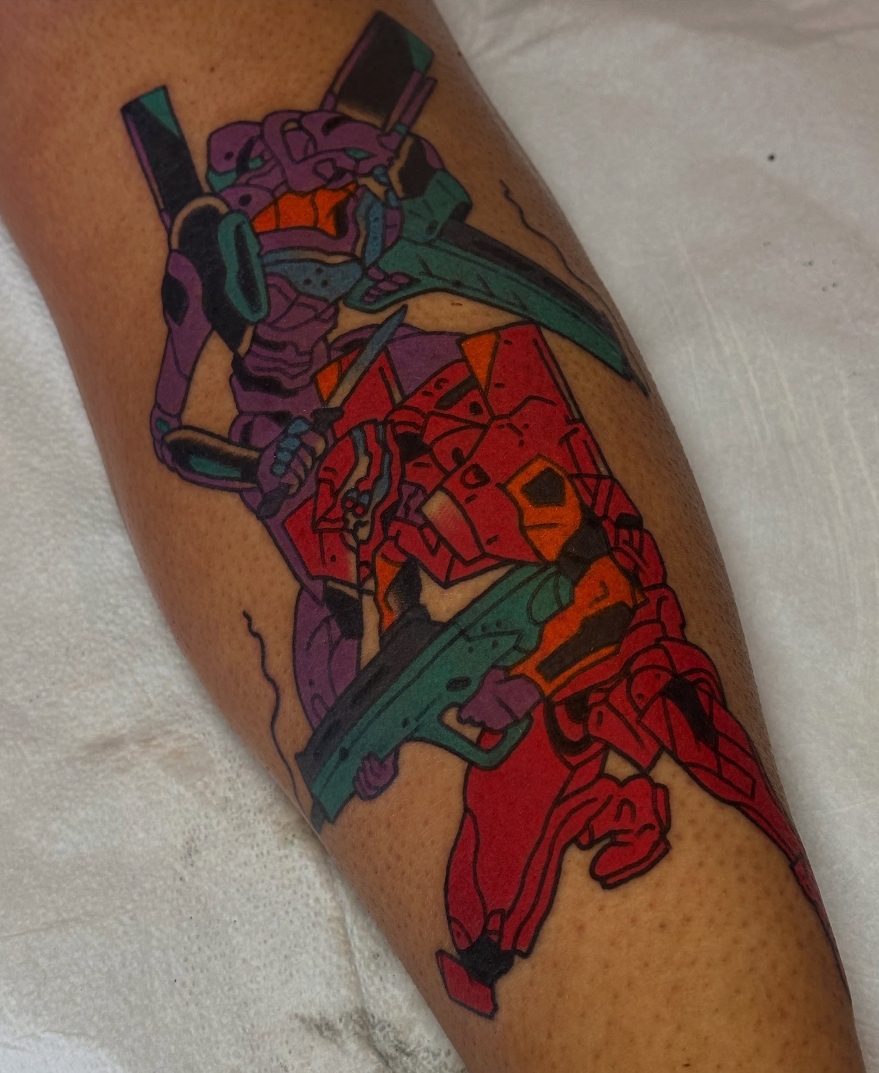 Mecha robots geometric tattoo on the forearm by Christian Rieben