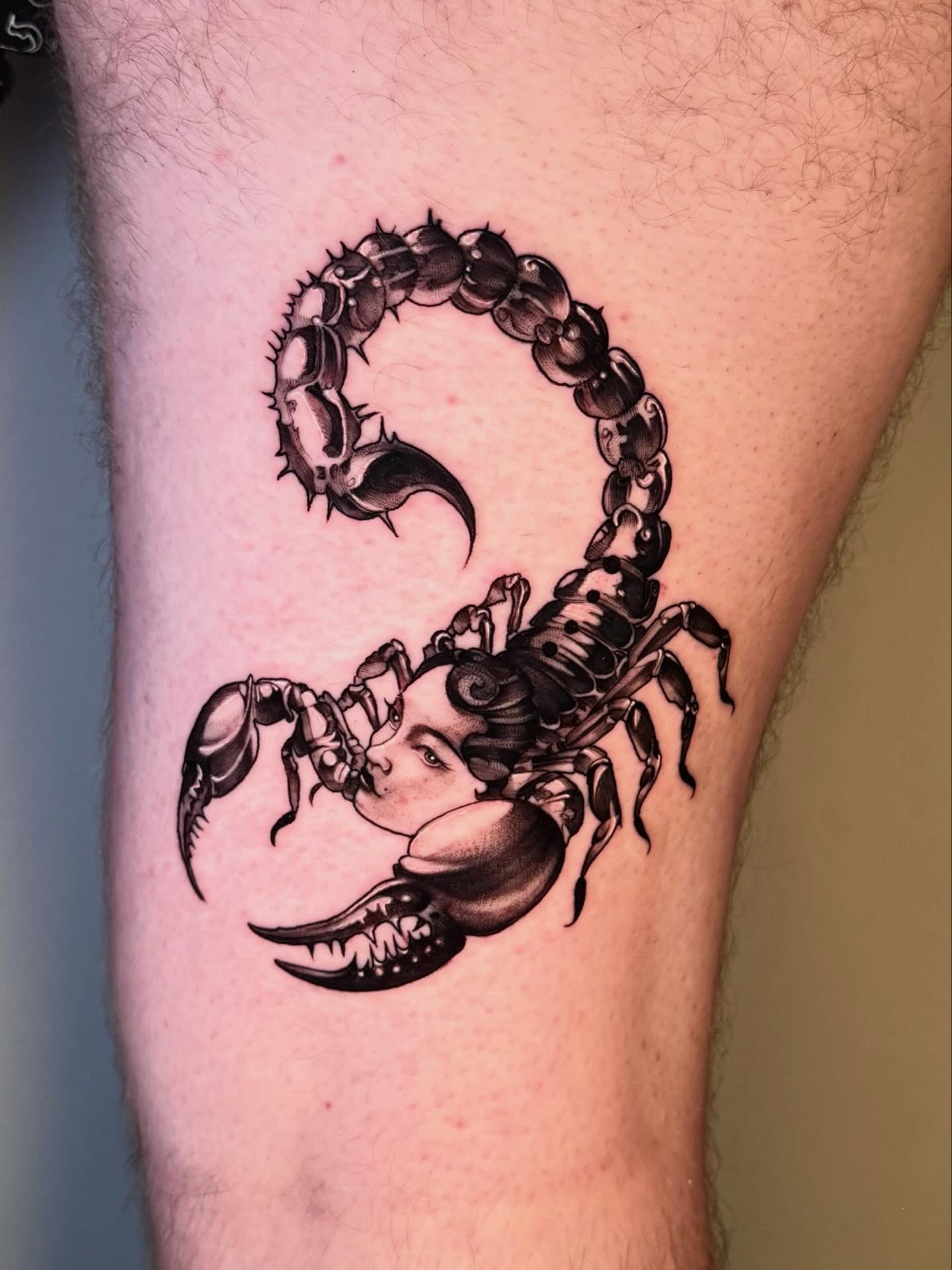 Scorpion black and grey tattoo on the thigh by Joi Bailey, Denton, Texas