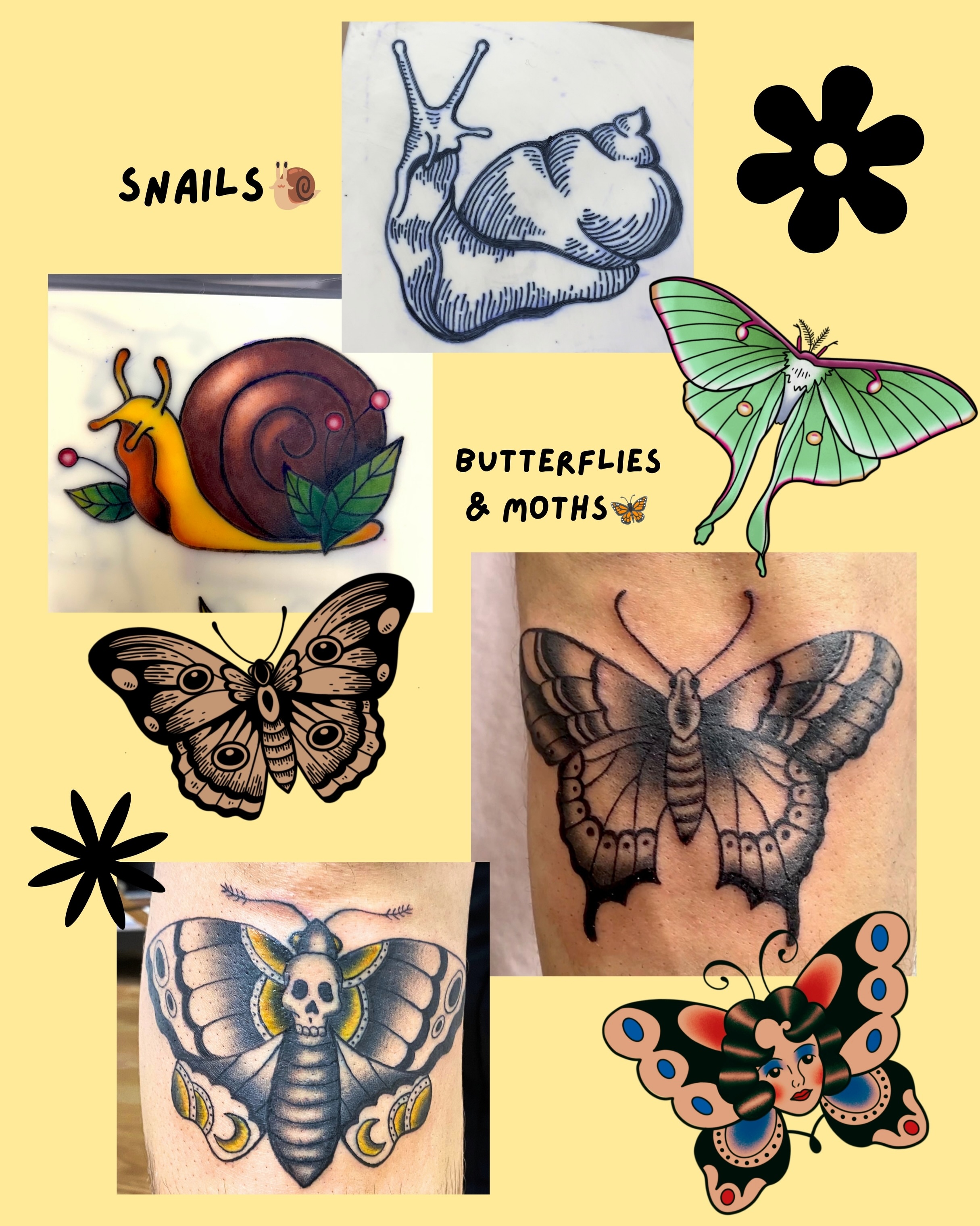 Snails and butterflies dotwork tattoo by Laura🦋