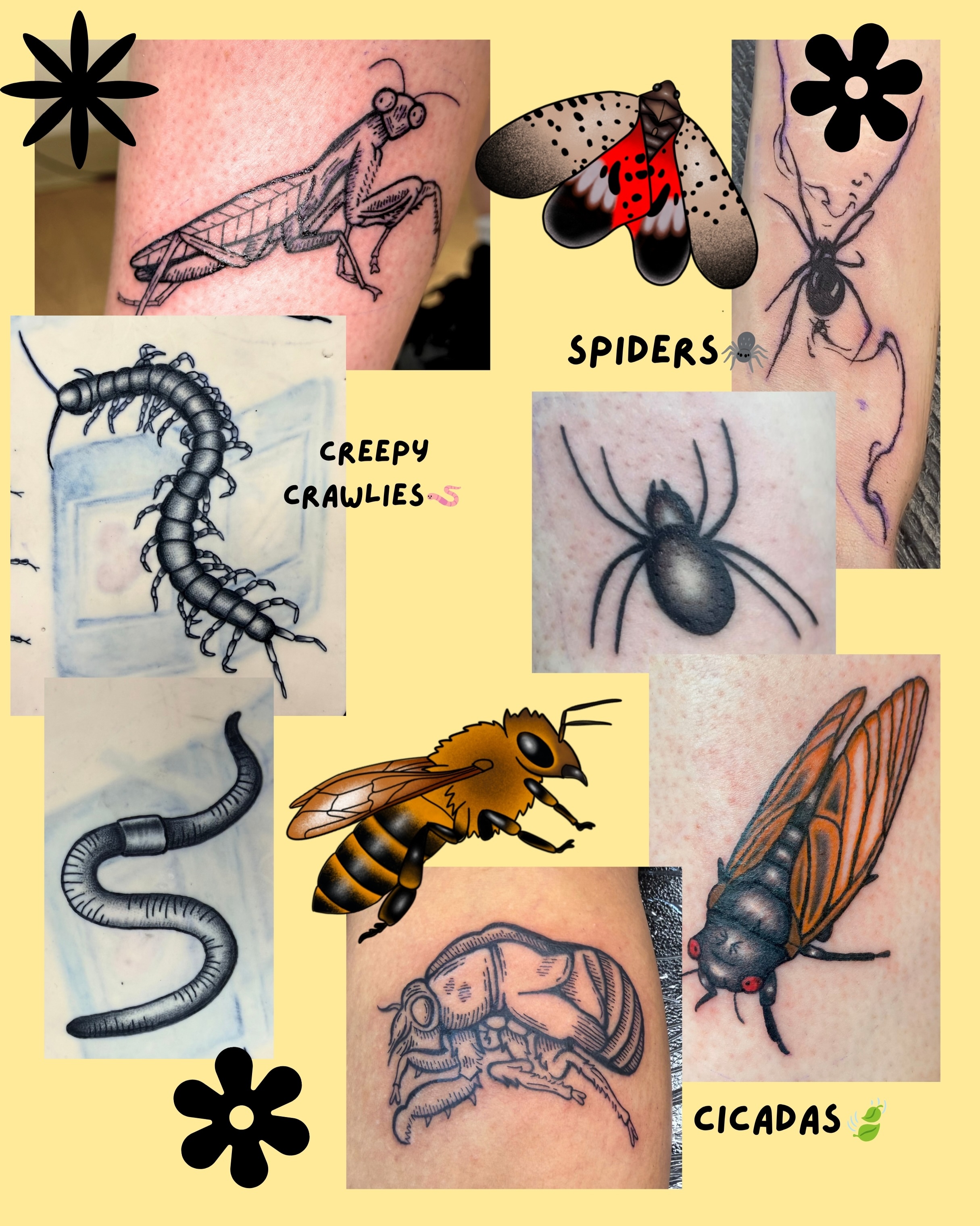 Creepy crawlies black and grey tattoo on the upper arm by Laura🦋