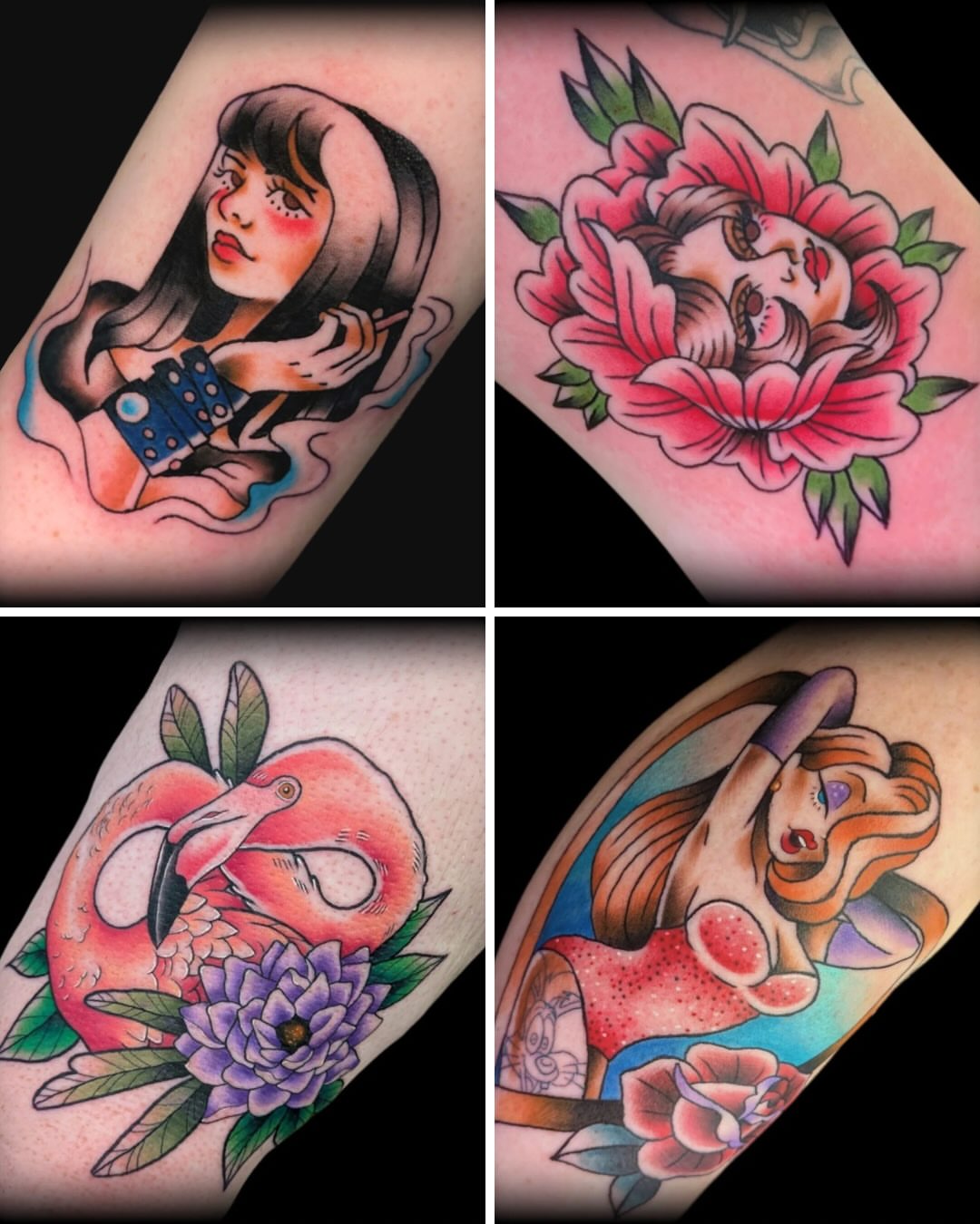 Flamingo and lotus American traditional tattoo on the forearm by Sam AlpineInk