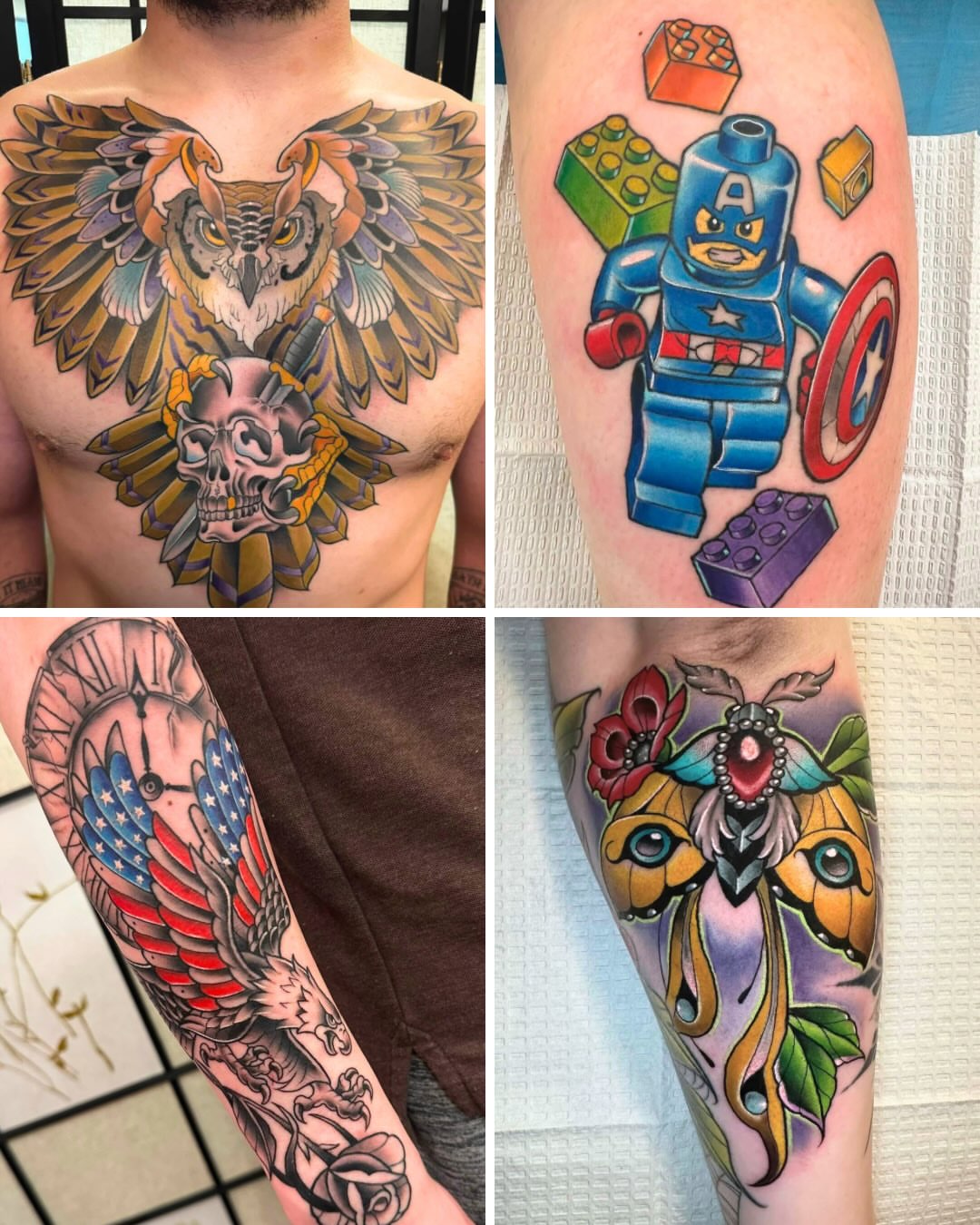 Owl and skull American traditional tattoo on the chest by Sam AlpineInk