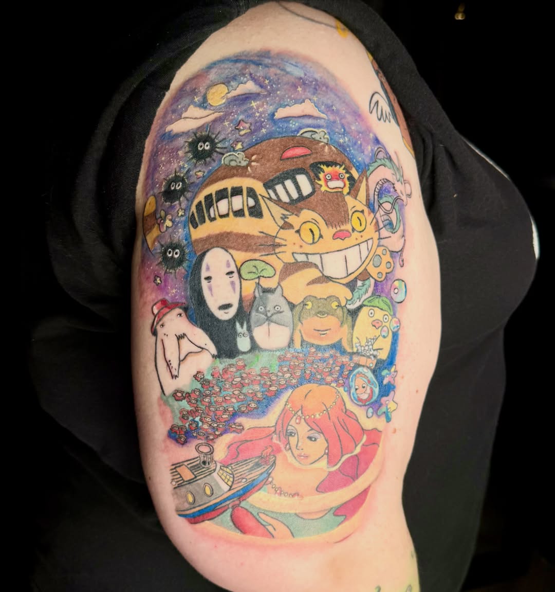 Mythical creatures and characters anime tattoo on the shoulder by Rachel Hanke