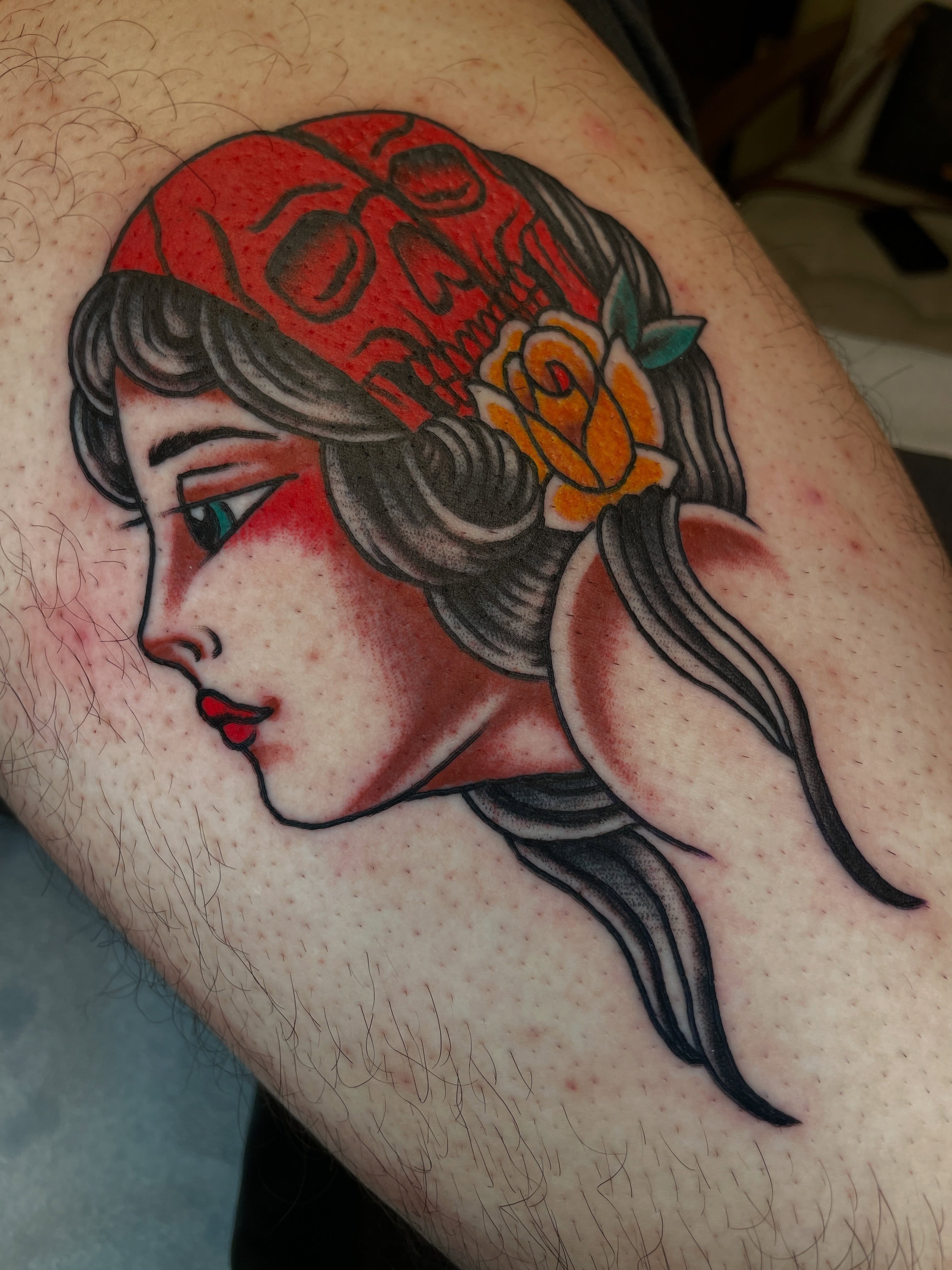 Woman with skull American traditional tattoo on the forearm by Max Klapp, Austin, Texas