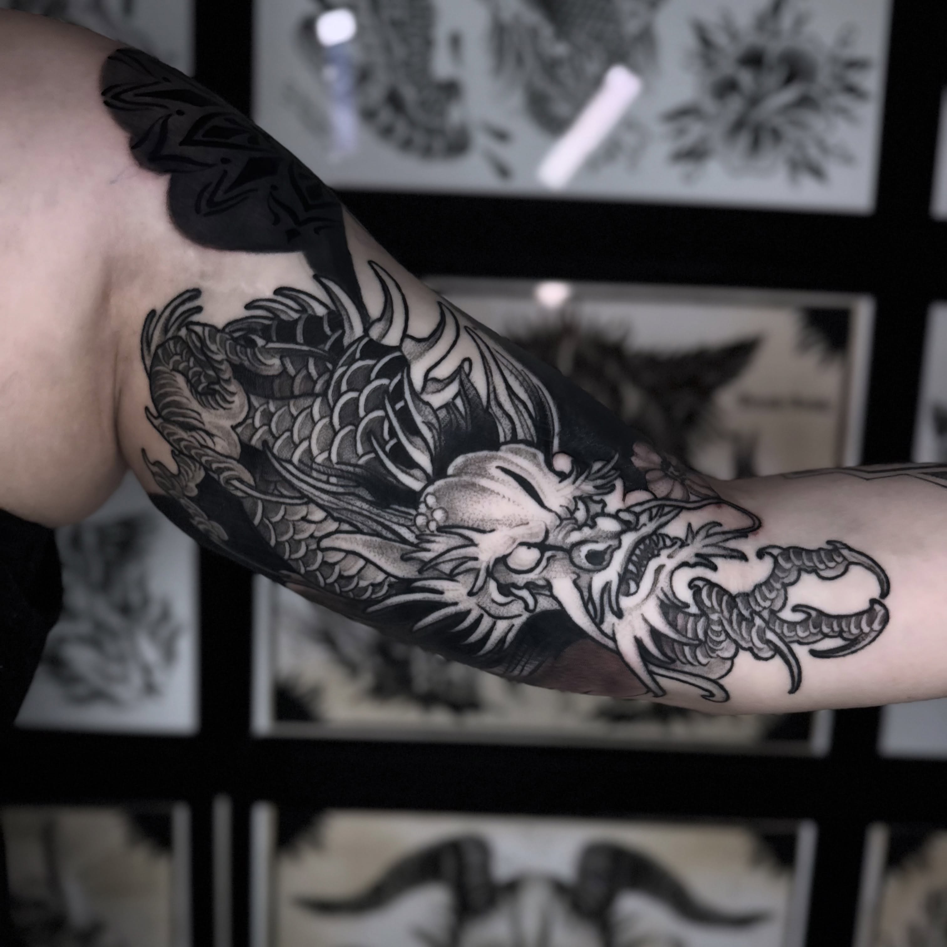 Dragon japanese irezumi tattoo on the forearm by Golden Heart Tattoo Co