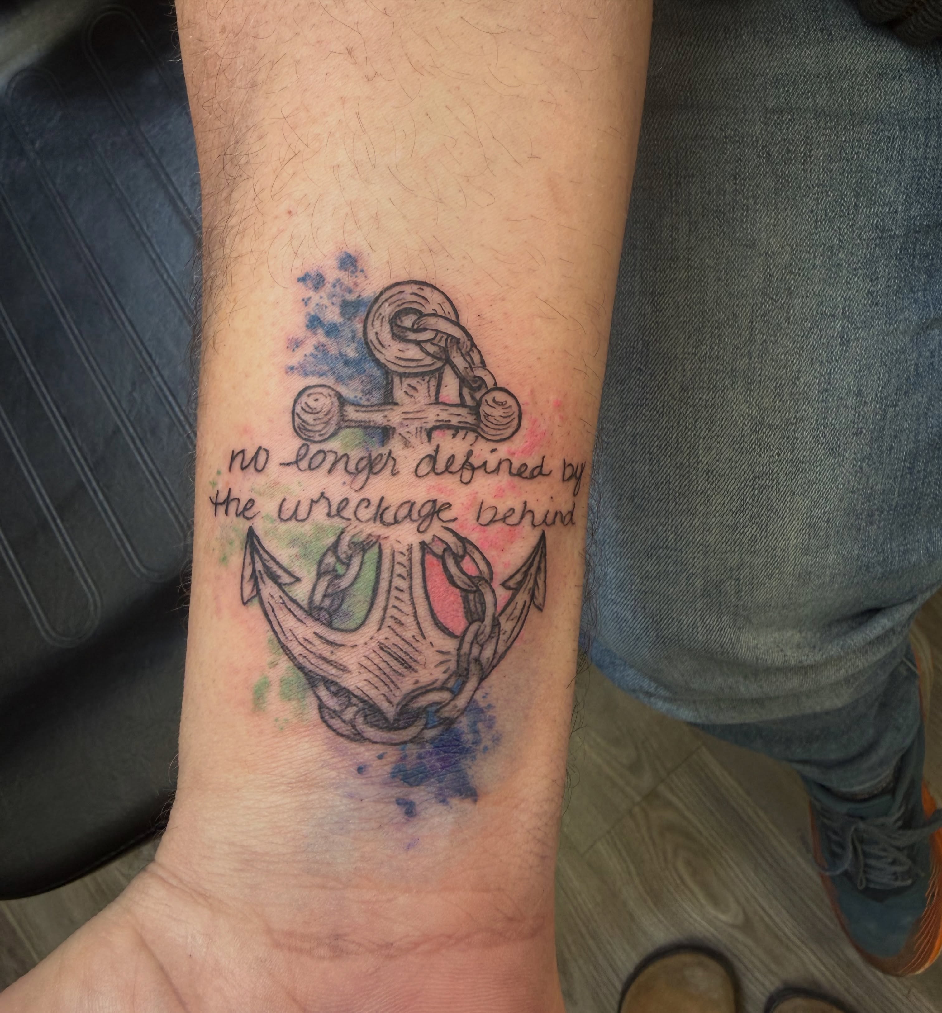 Anchor watercolor tattoo on the forearm by Rachel Hanke