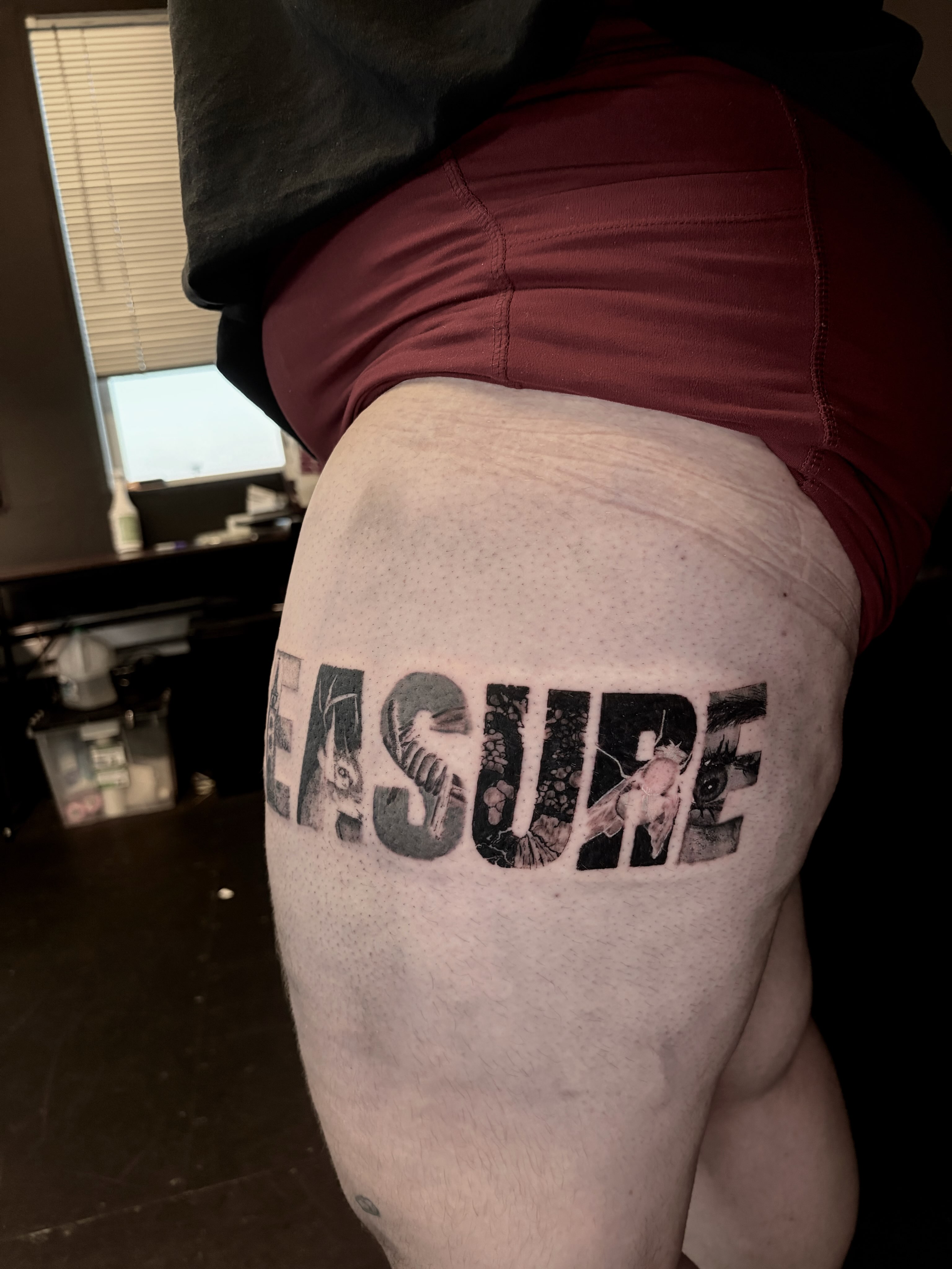 Treasure black and grey tattoo on the thigh by Dev