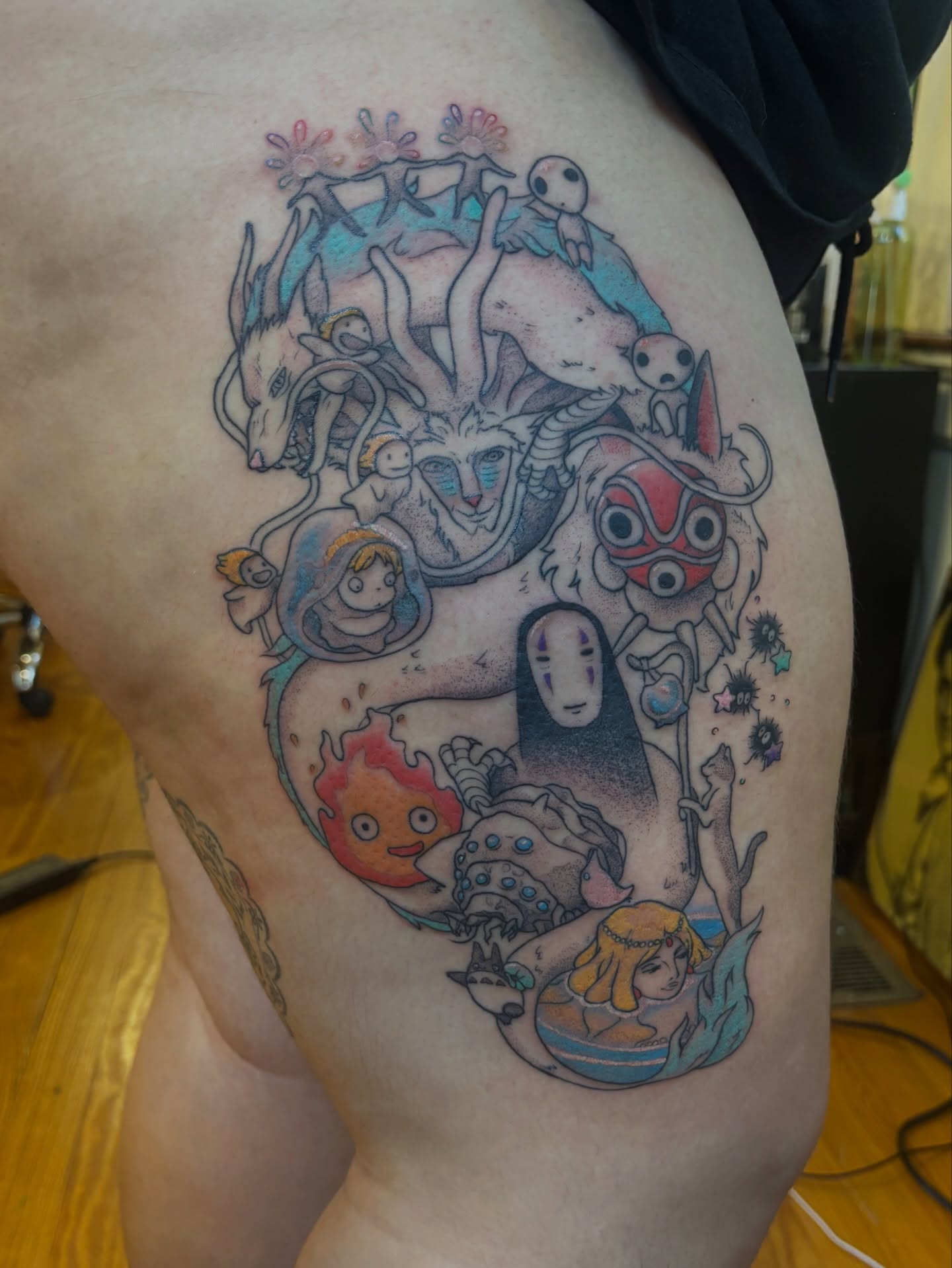 Studio Ghibli characters anime tattoo on the thigh by V ☆ Cincinnati Tattoo Artist