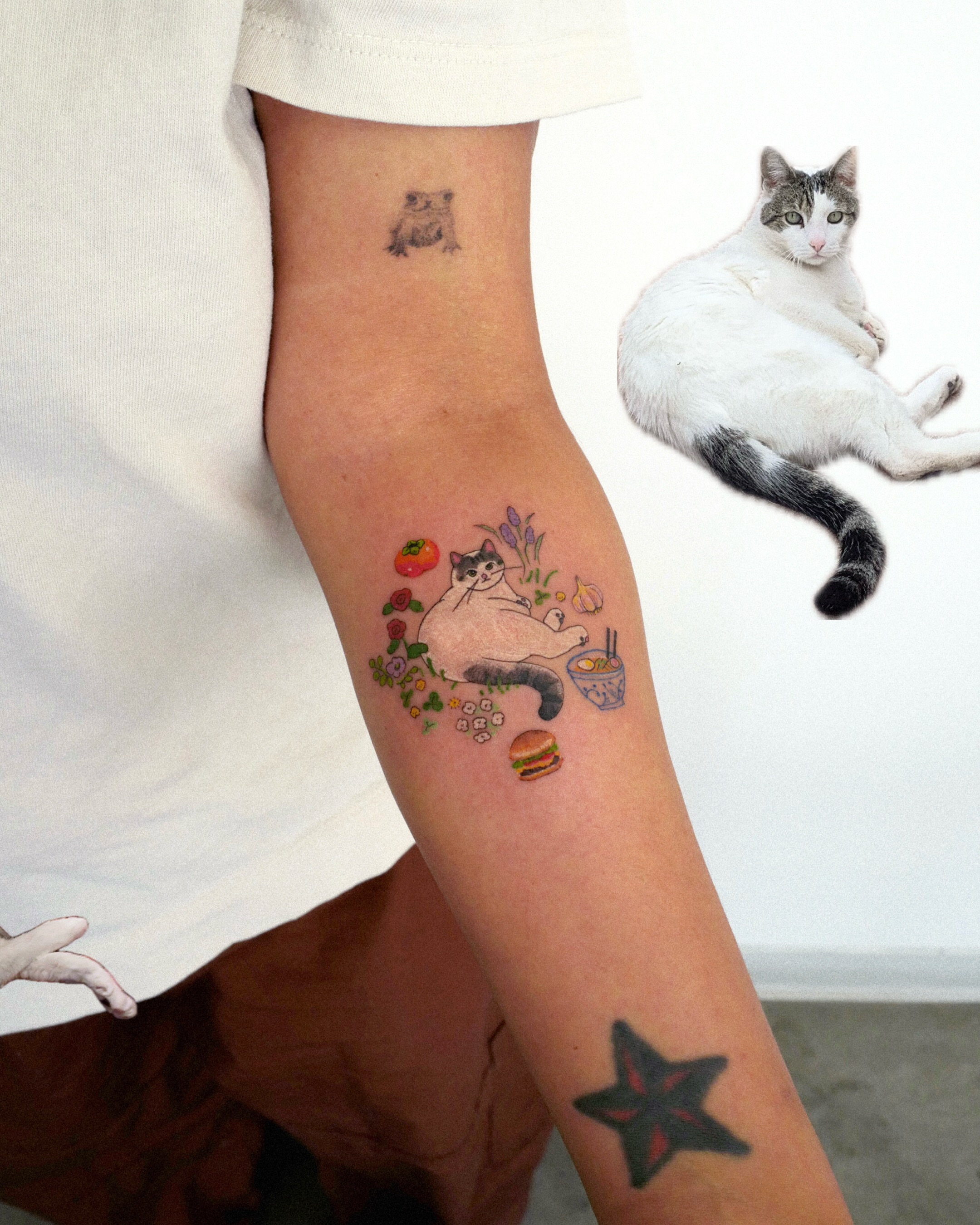 Cat and food illustrative tattoo on the forearm by dahye lee