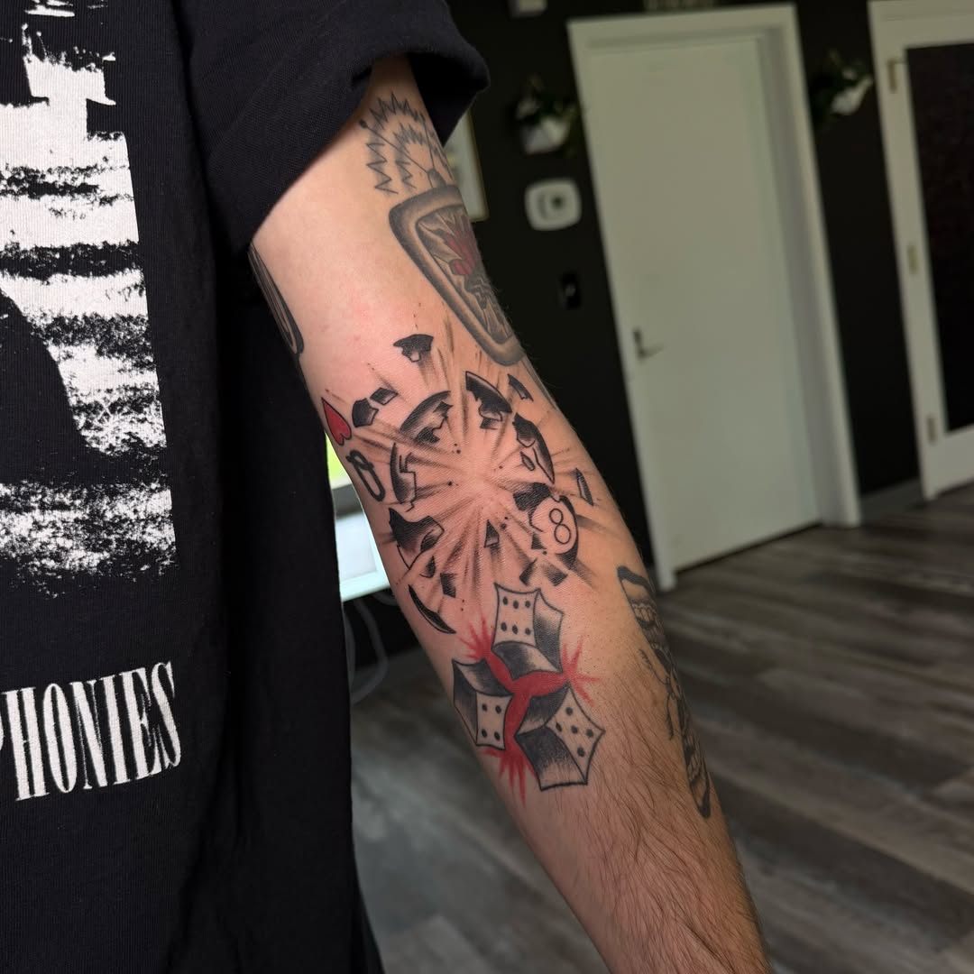 Dice explosion dotwork tattoo on the forearm by ✶ teryn ✶, Akron, Ohio