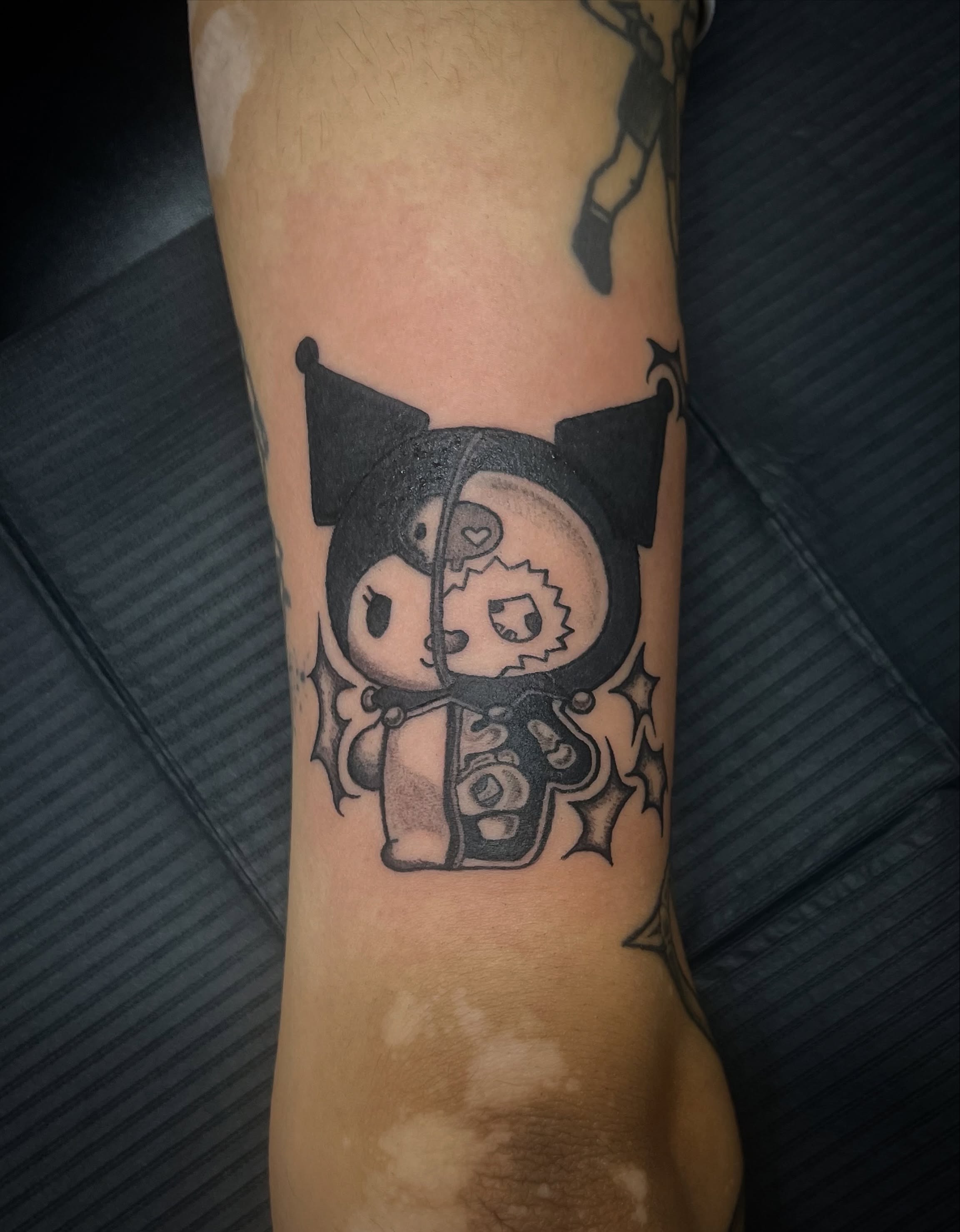 Tattoo by @sailor_riot — anime, black_and_grey