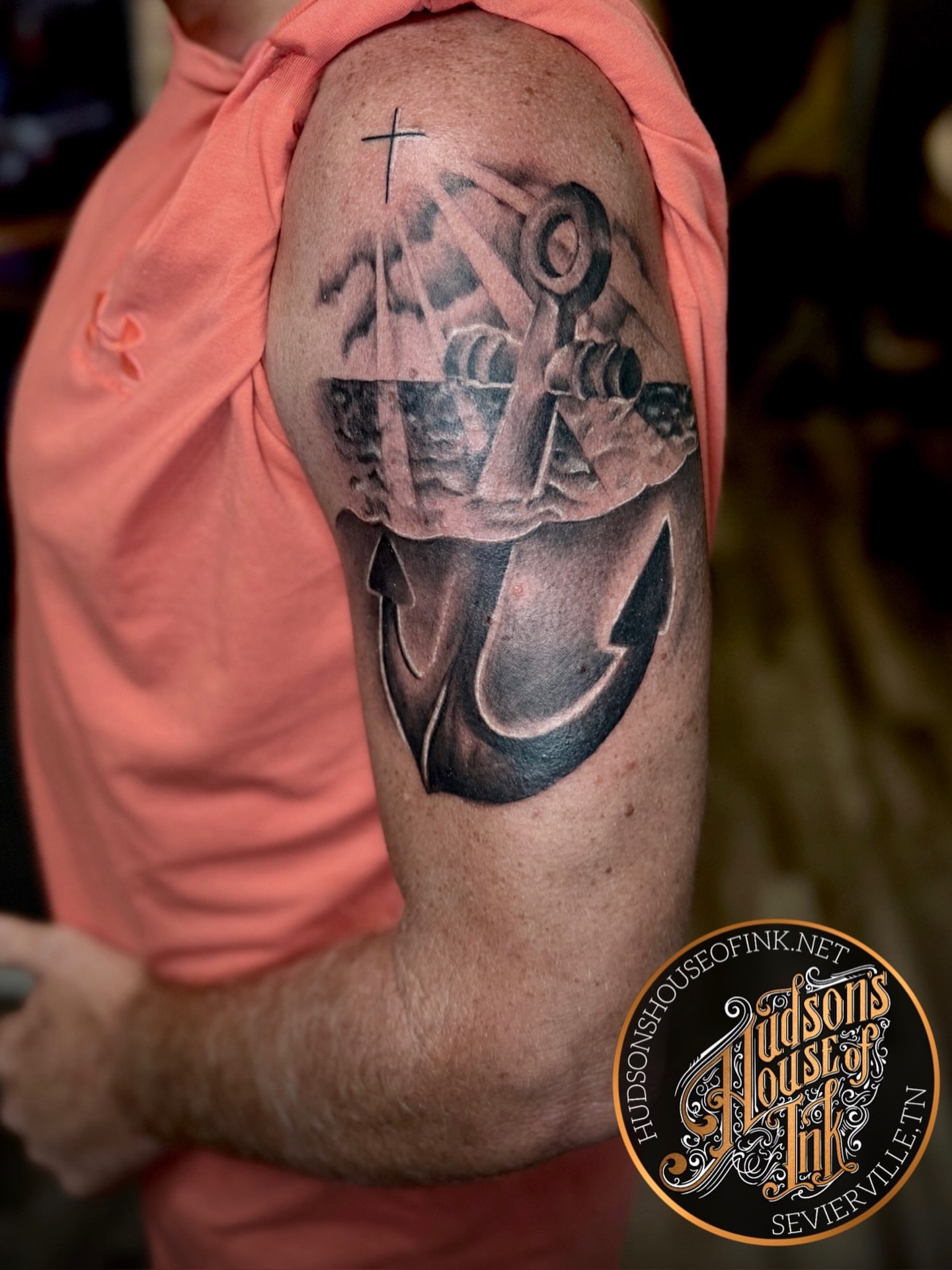 Anchor and ship black and grey tattoo on the shoulder by Kacy Blalock