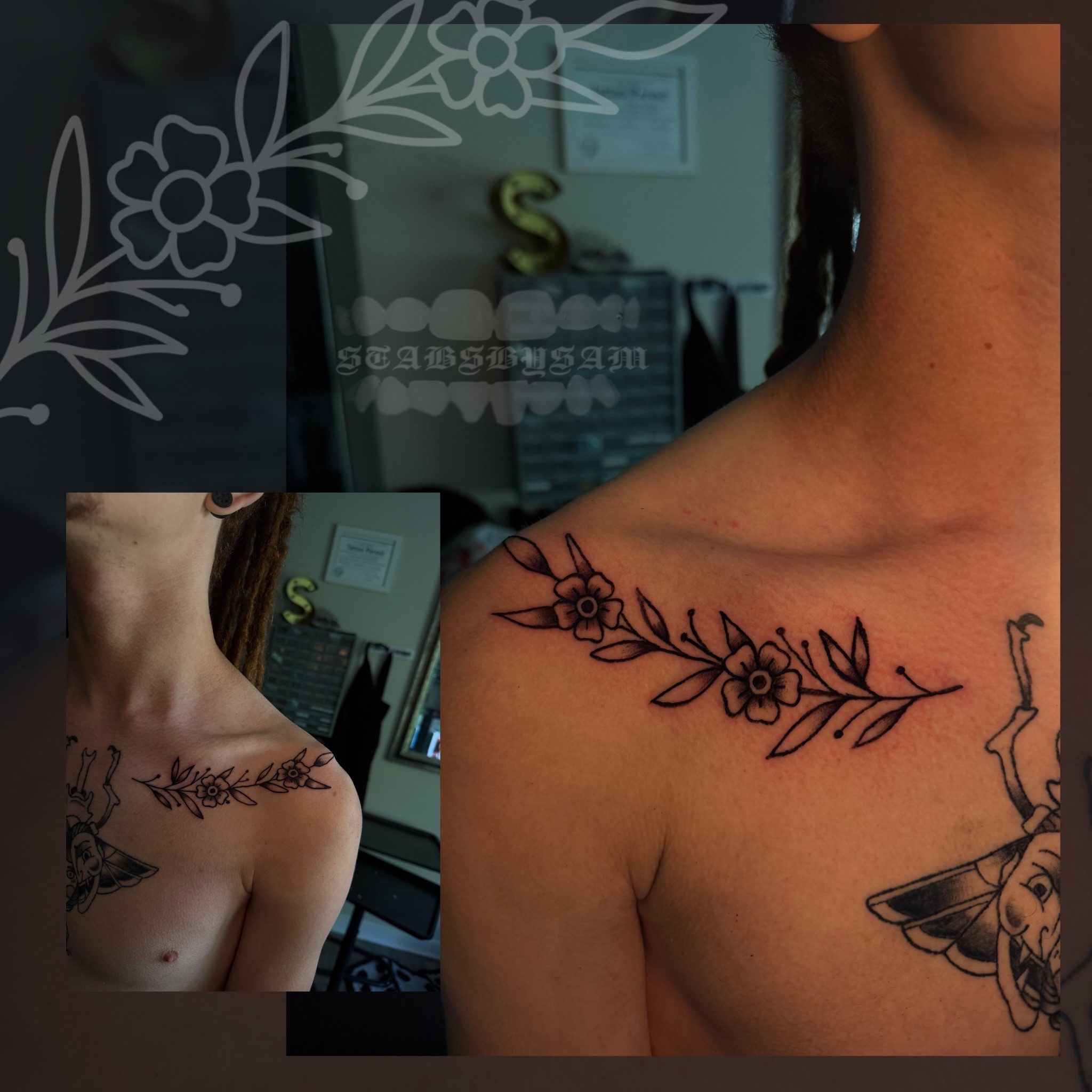 Floral vine black and grey tattoo on the shoulder by licensed charlotte tattoo artist