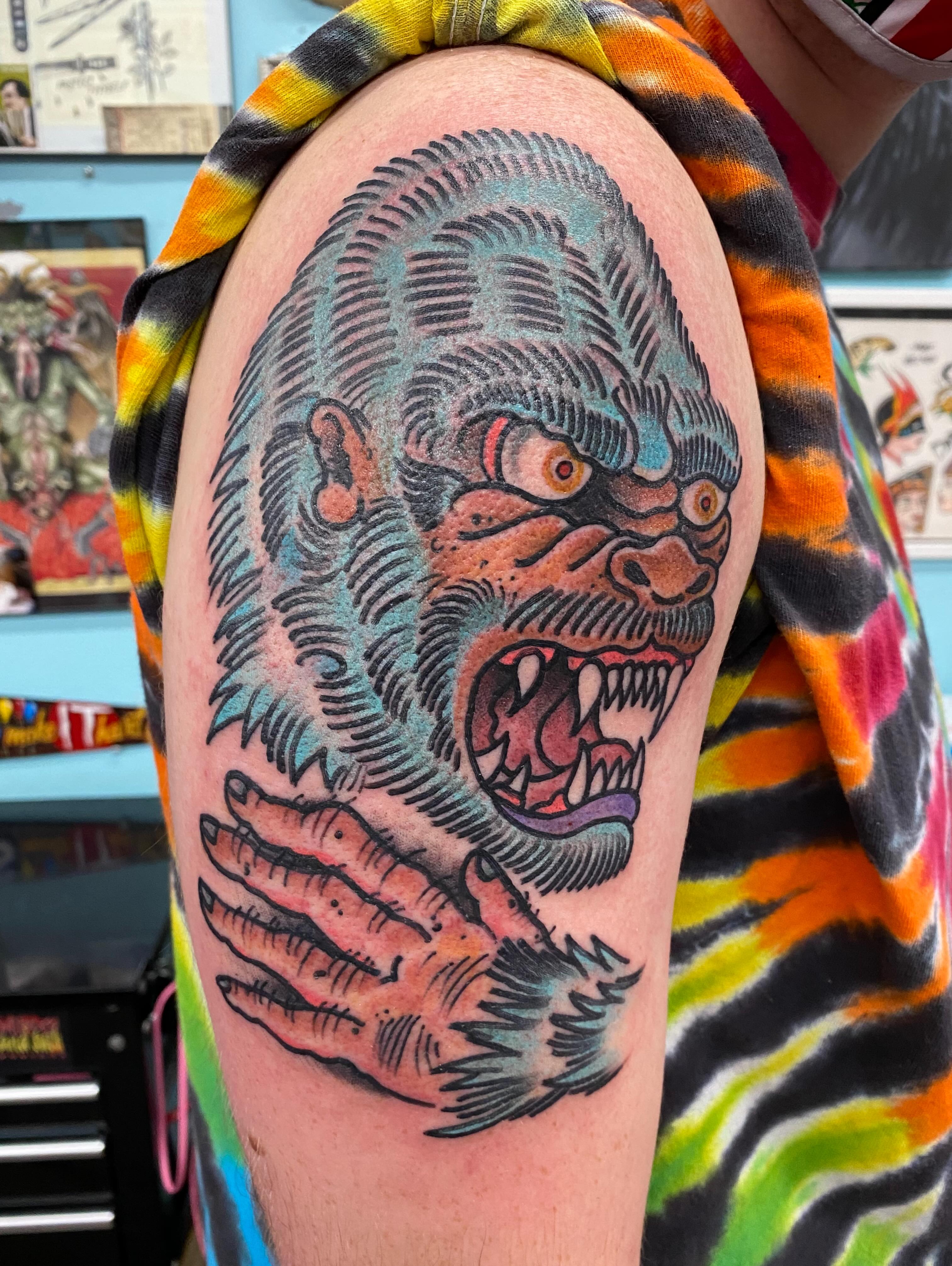 Monster American traditional tattoo on the upper arm by Mat Helton, Fairborn, Ohio