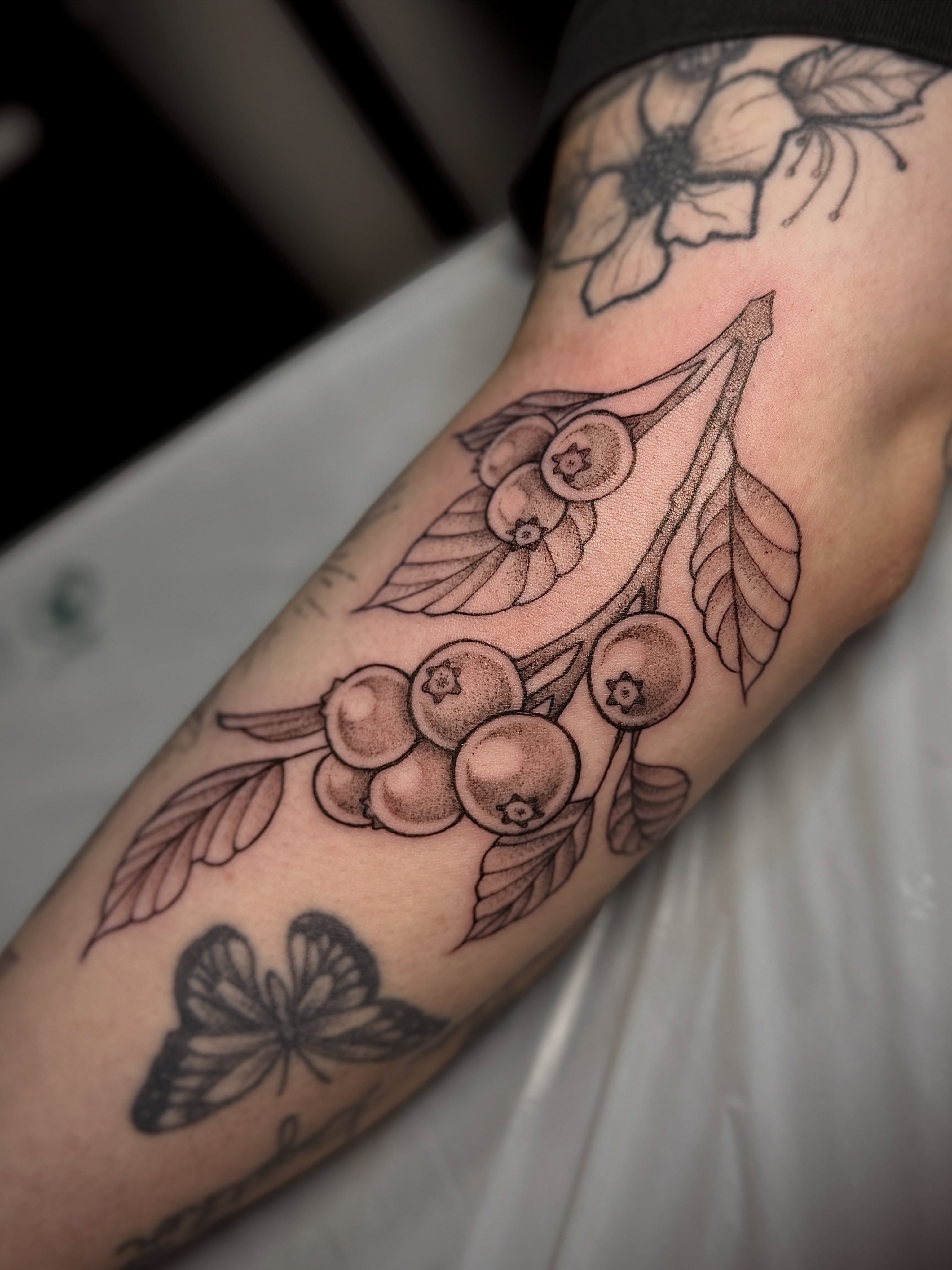 Blueberries and leaves black and grey tattoo on the forearm by 𝐀𝐝𝐫𝐢𝐞𝐥 𝐓𝐢𝐧𝐤𝐥𝐞𝐧𝐛𝐞𝐫𝐠 ⏾, Denison, Iowa