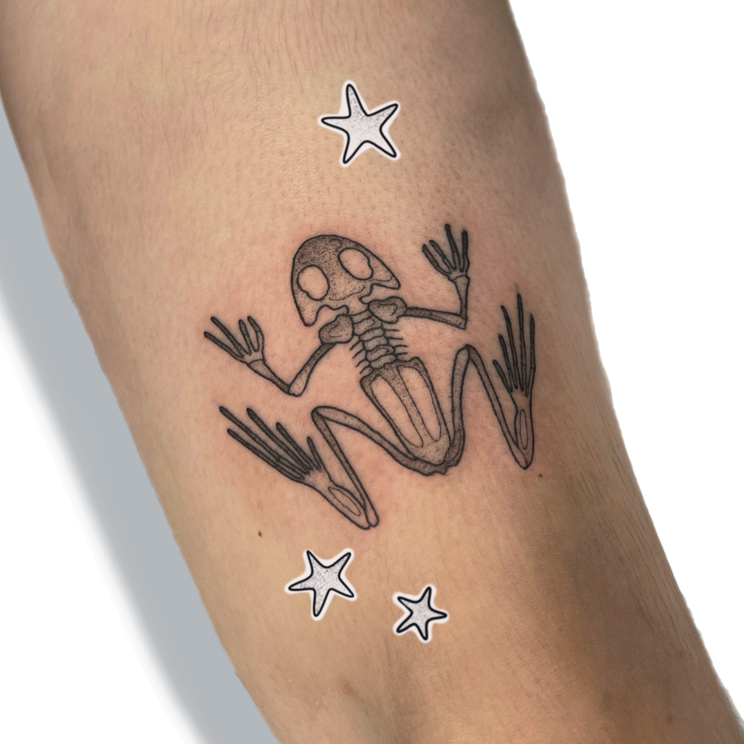 Frog skeleton black and grey tattoo on the forearm by Jules ๐โโฌ, Chicago, Illinois