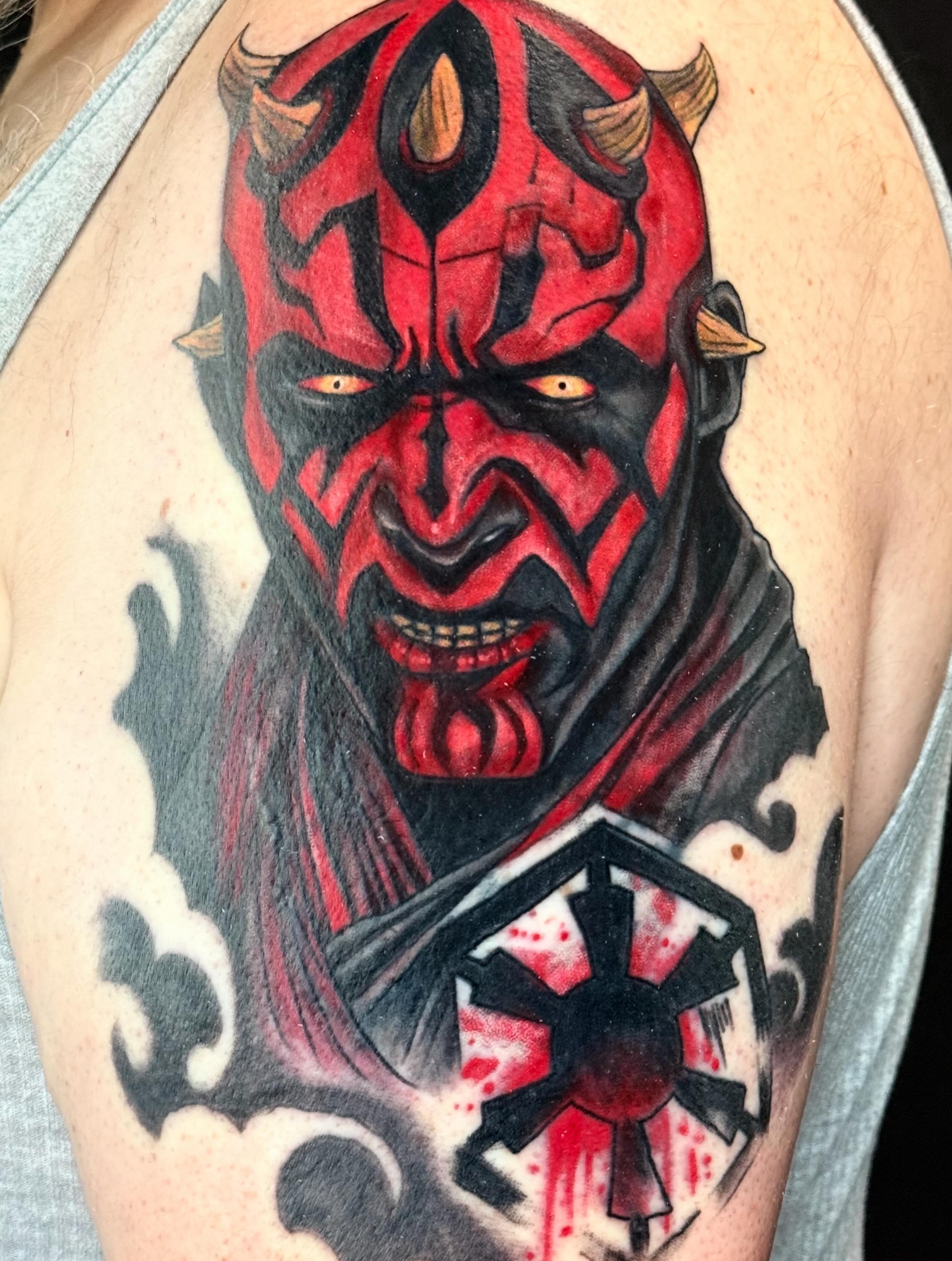Darth maul dark realism tattoo on the upper arm by George Zabala, Rockdale, Illinois