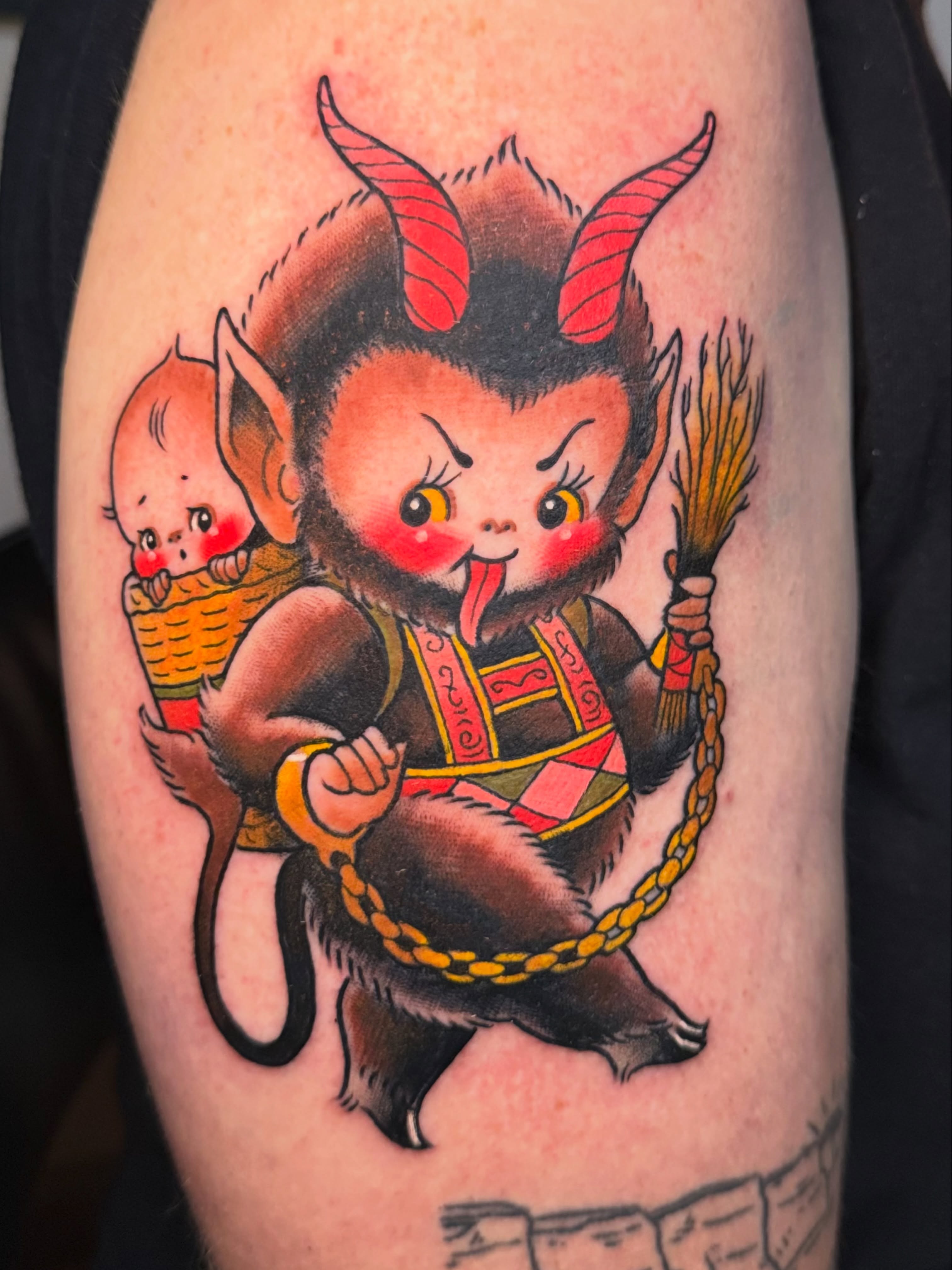 Monkey with baby American traditional tattoo on the forearm by Stacey Martin Smith