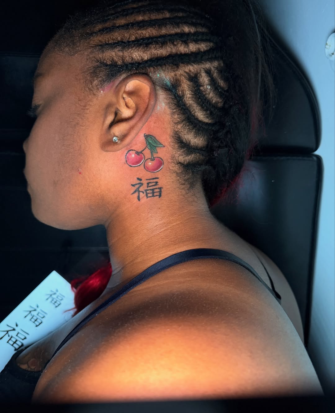 Cherry and kanji American traditional tattoo on the neck by Porshamonie' THE Tattoo ARTIST