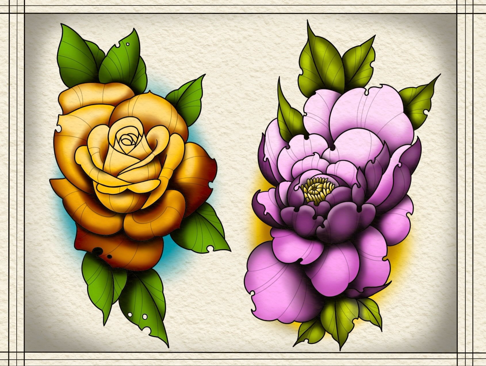 Rose and peony American traditional tattoo by Emma
