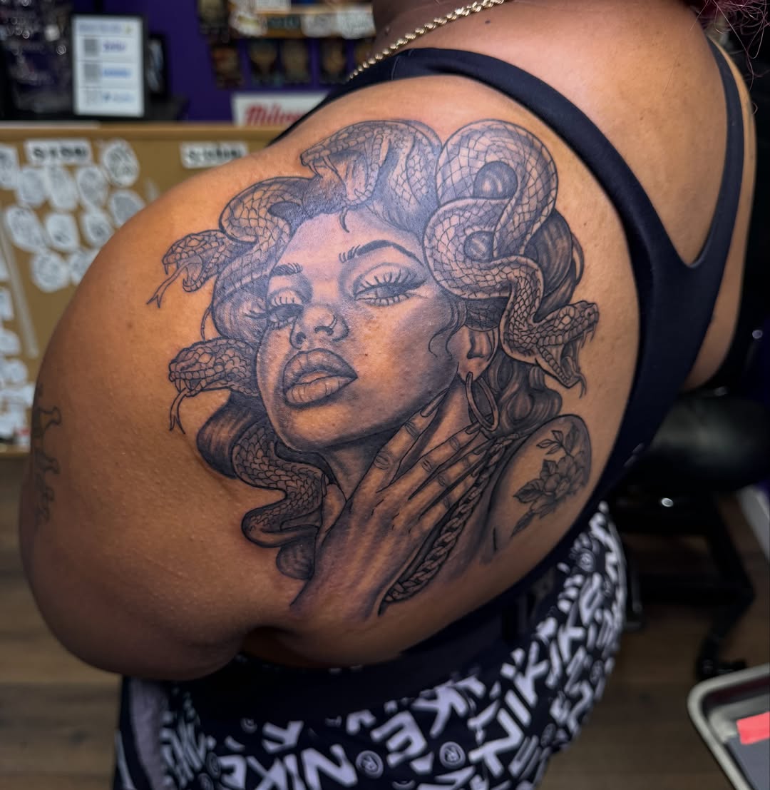 Medusa realism tattoo on the shoulder by Christian Goines, Memphis, Tennessee