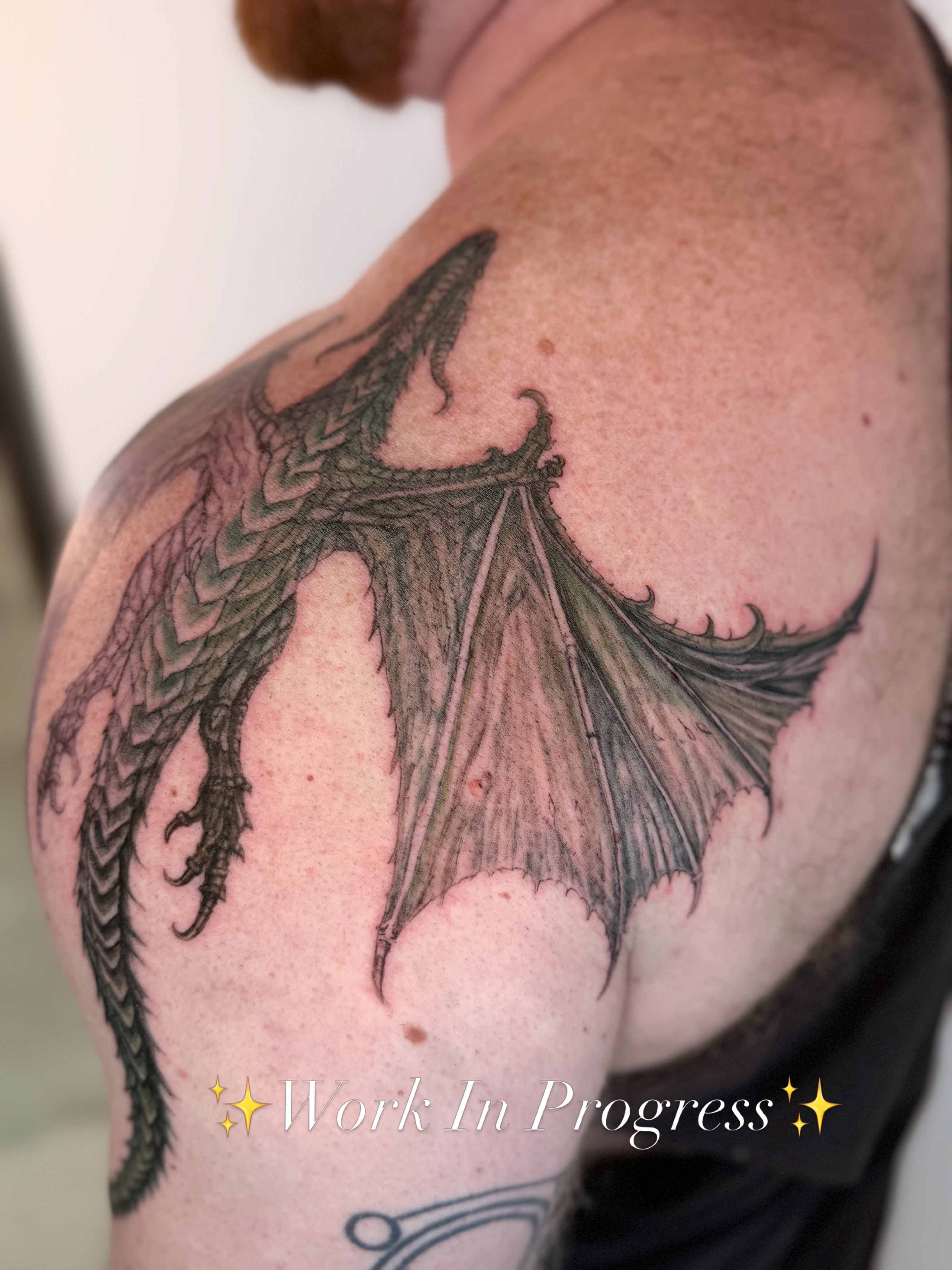Dragon black and grey tattoo on the shoulder by Yuri Chloe Ngo Tattoo Artist