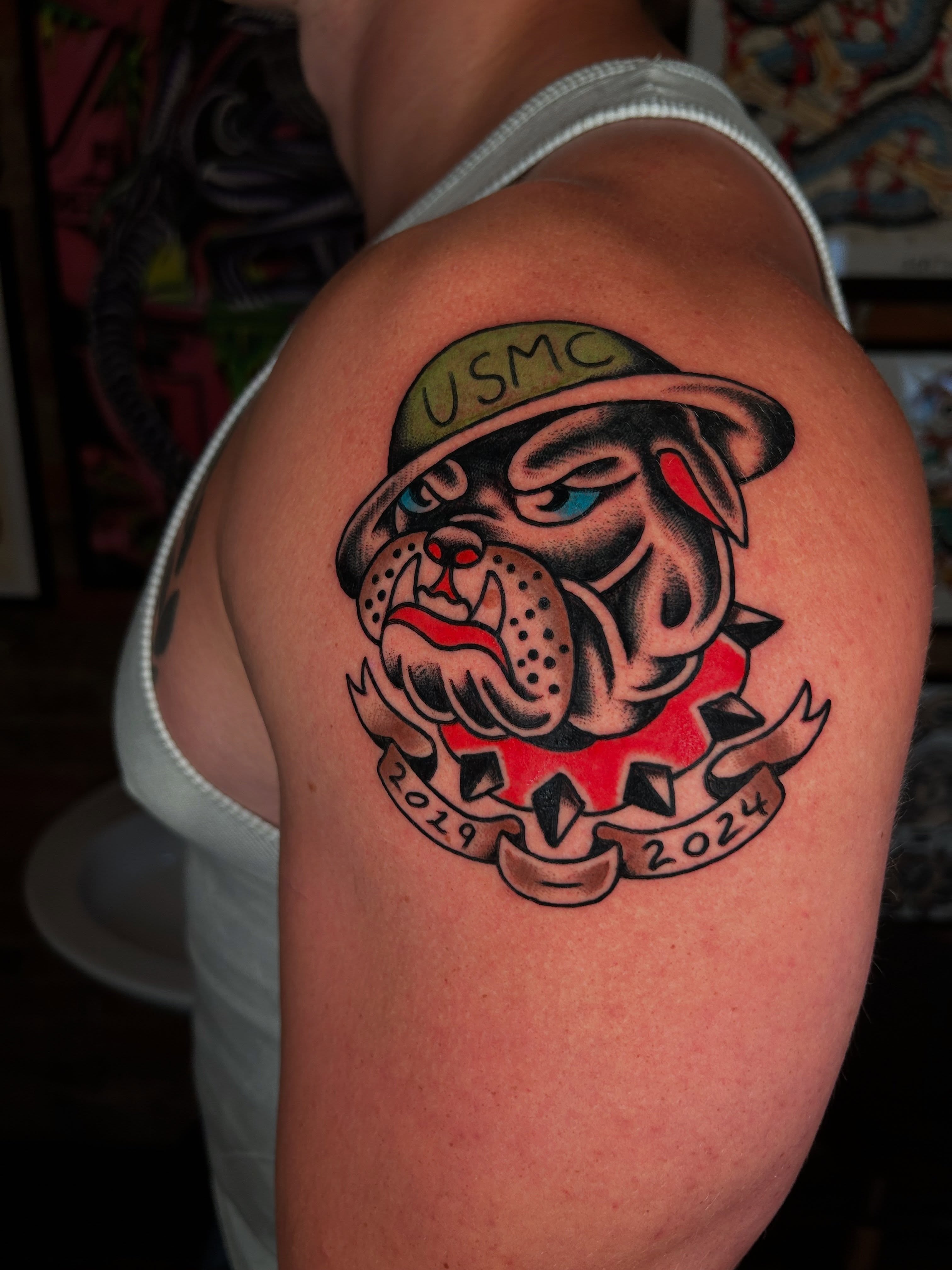 Bulldog wearing USMC helmet American traditional tattoo on the shoulder by Kit Miller, Indianapolis, Indiana