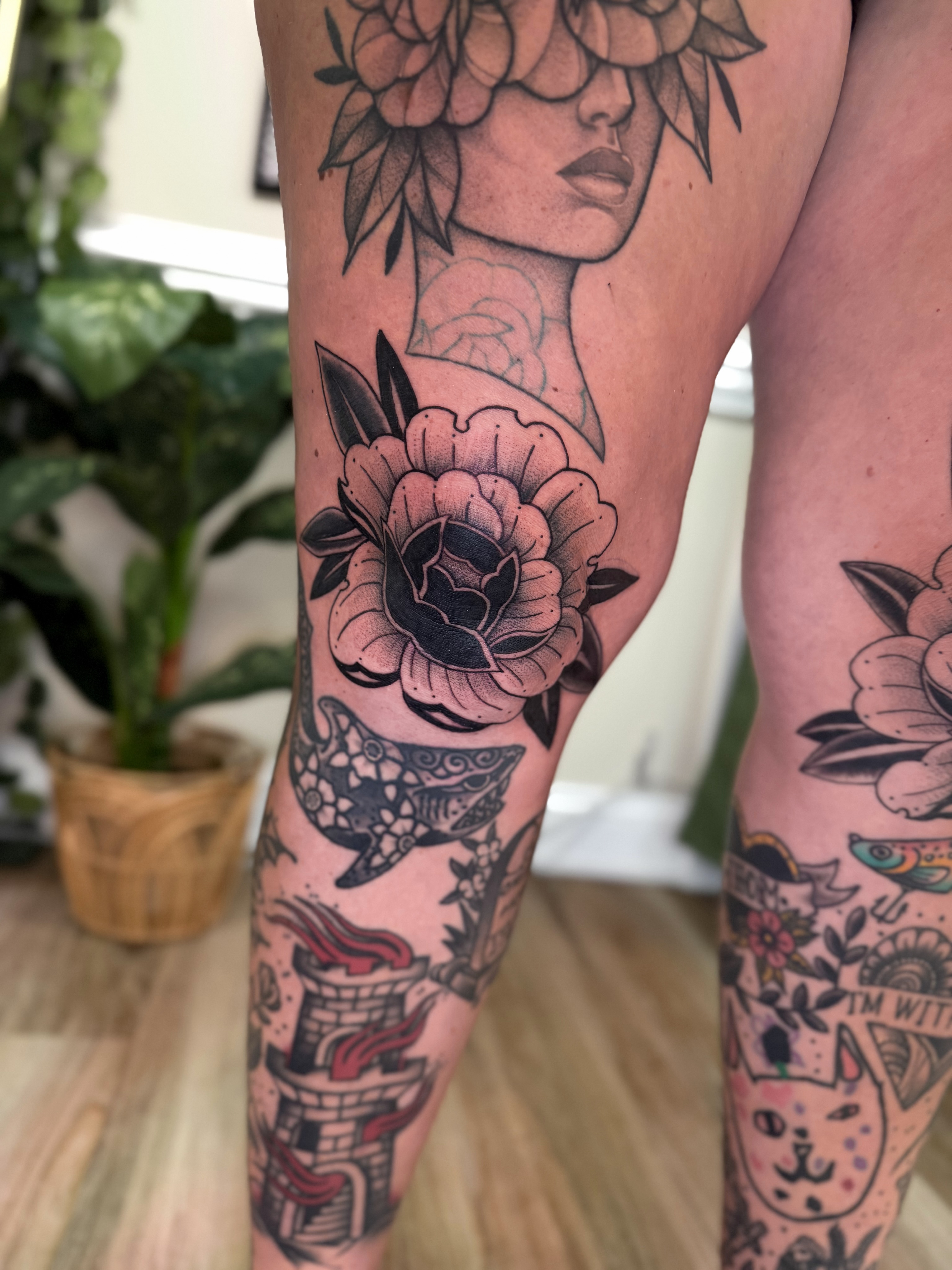 Floral woman American traditional tattoo on the leg by McKenna
