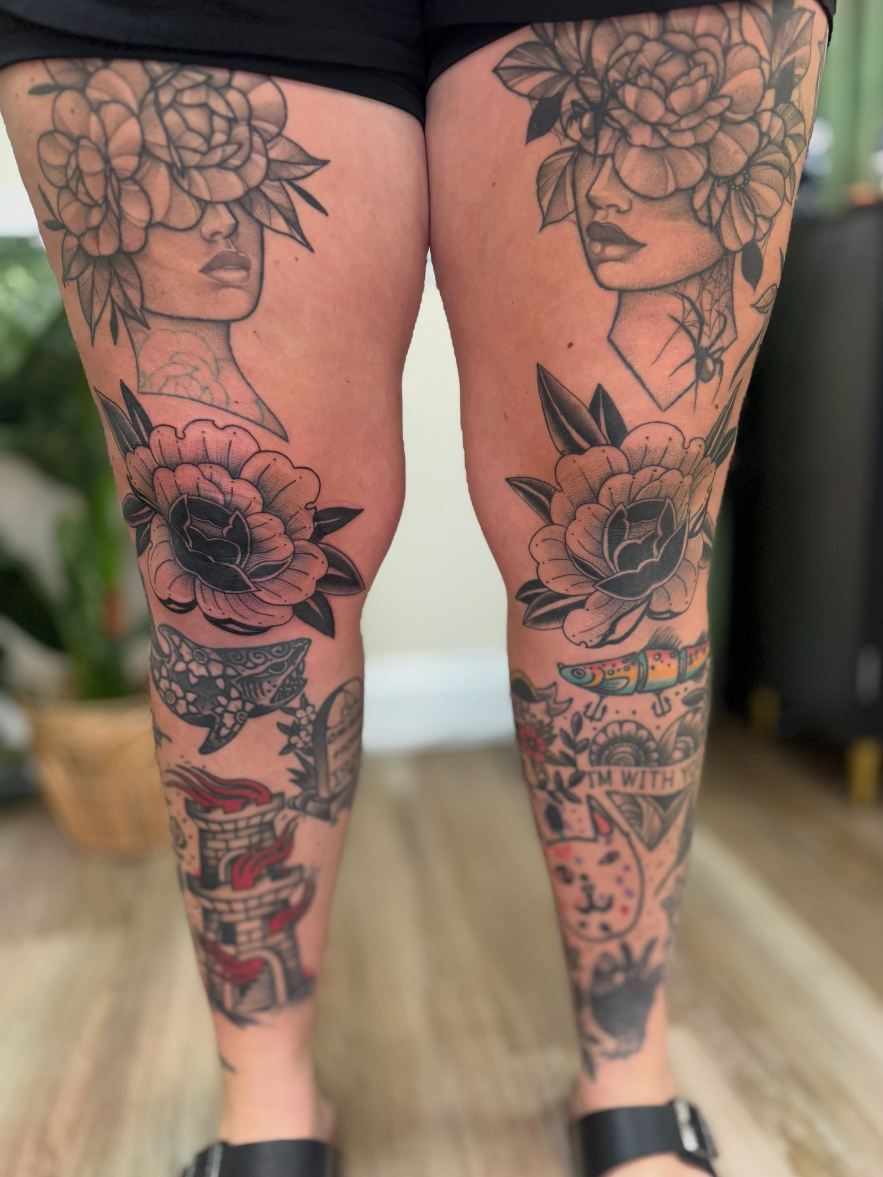 Floral portrait American traditional tattoo on the thigh by McKenna