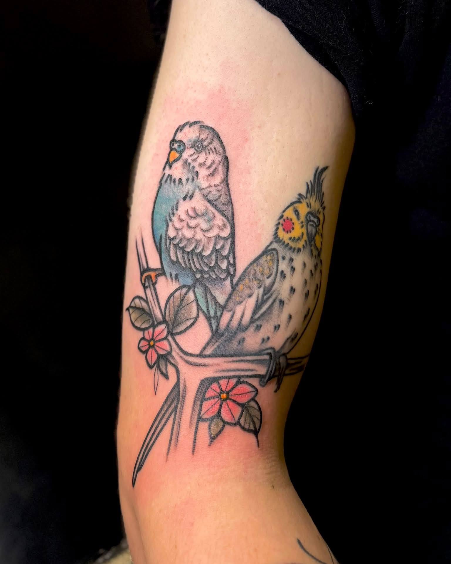 Birds and flowers American traditional tattoo on the forearm by Eden Rose, Kalama, Washington
