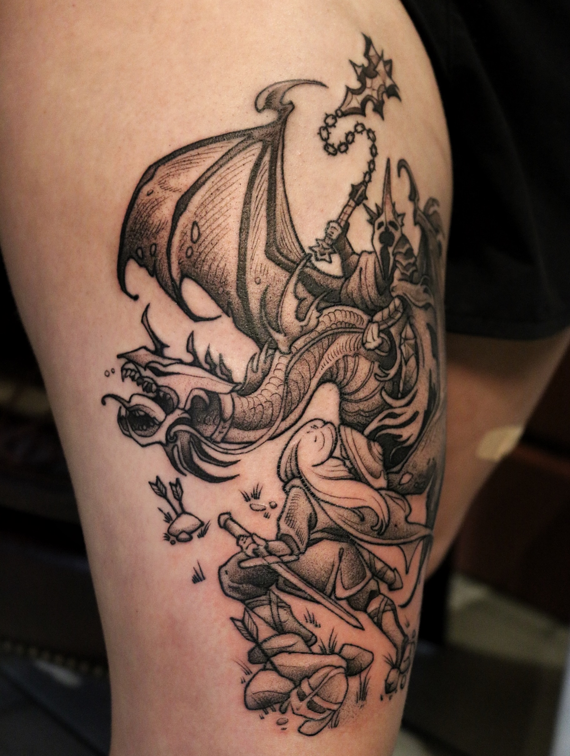 Dragon slaying knight realism tattoo on the thigh by Summer Balcom M.