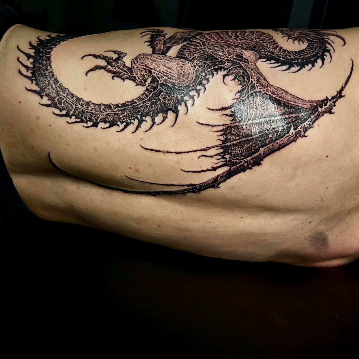 Dragon realism tattoo on the ribs by @hellscribe