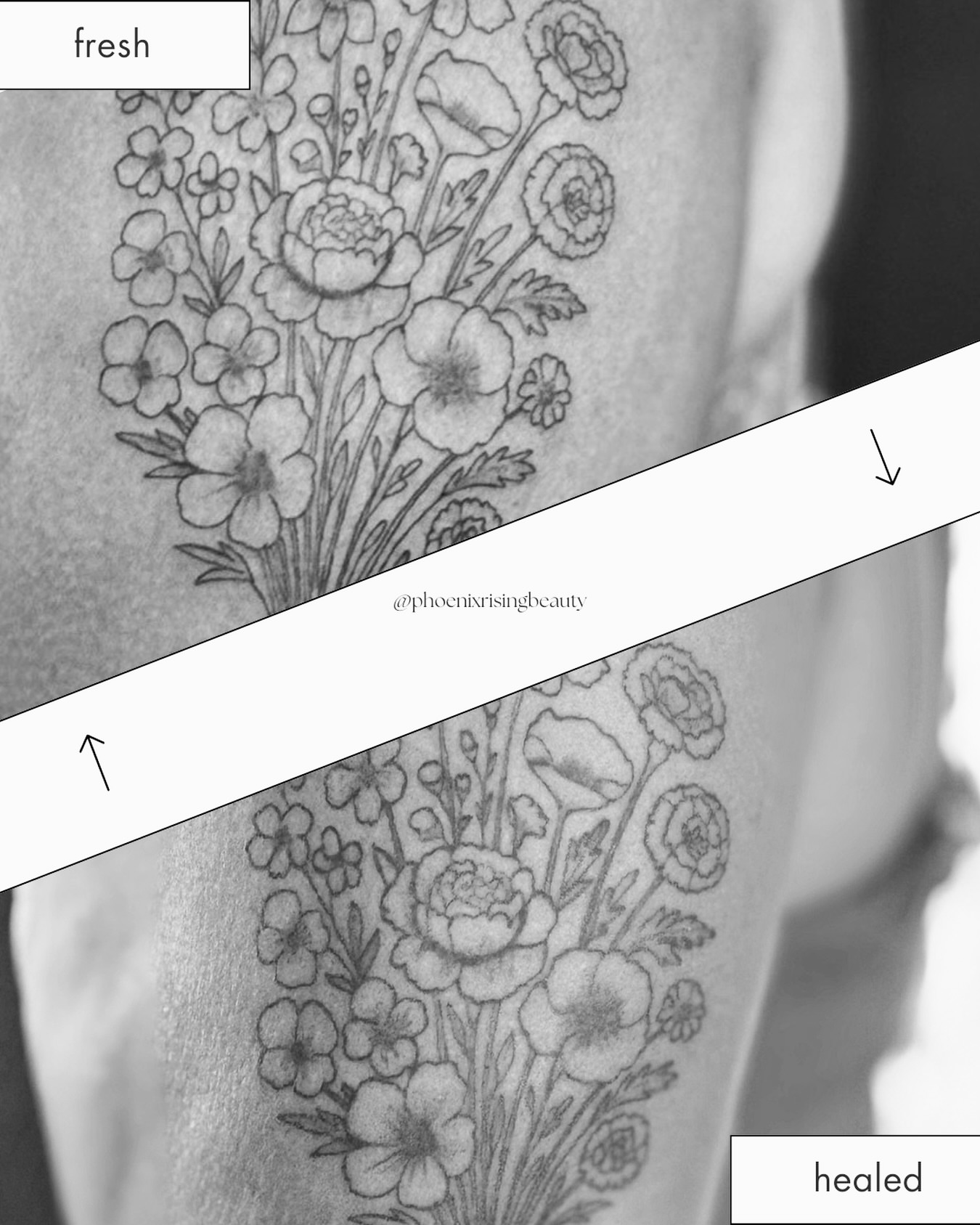 Floral bouquet black and grey tattoo on the forearm by Meagan, Charlotte, North Carolina