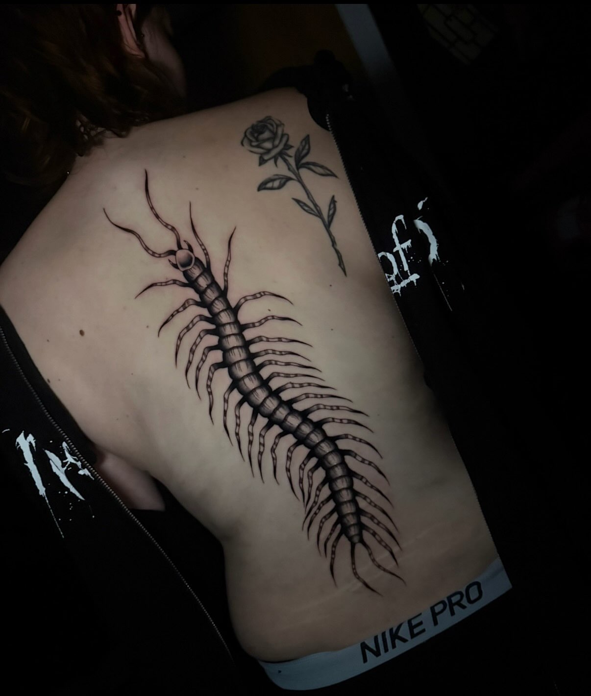 Centipede black and grey tattoo on the back by Heaven Arianna