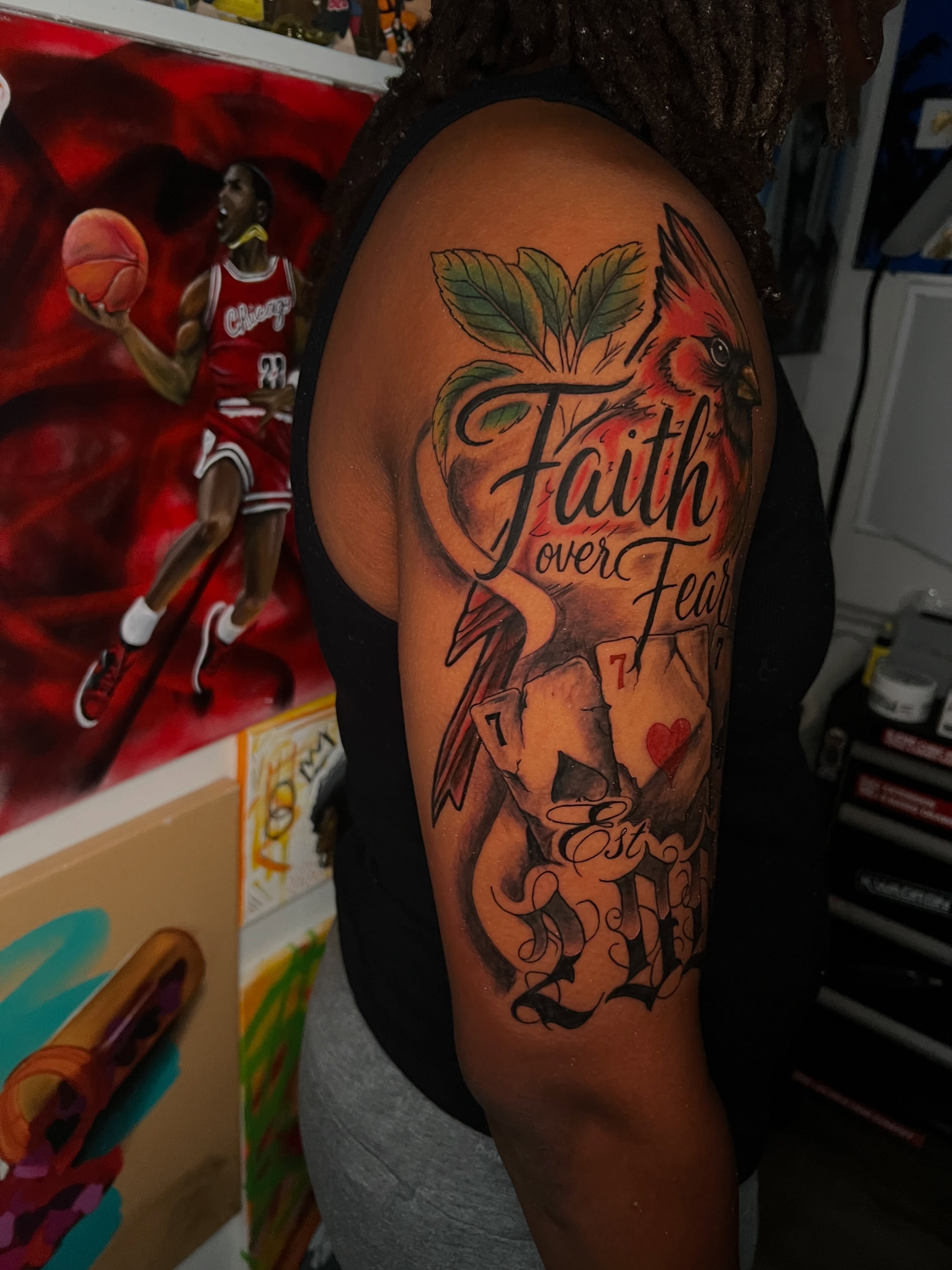 Faith over fear American traditional tattoo on the upper arm by Justx4rt