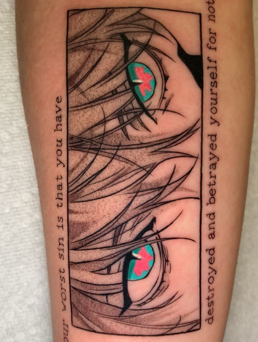 Tattoo by @maddiegtattoos — dotwork, anime