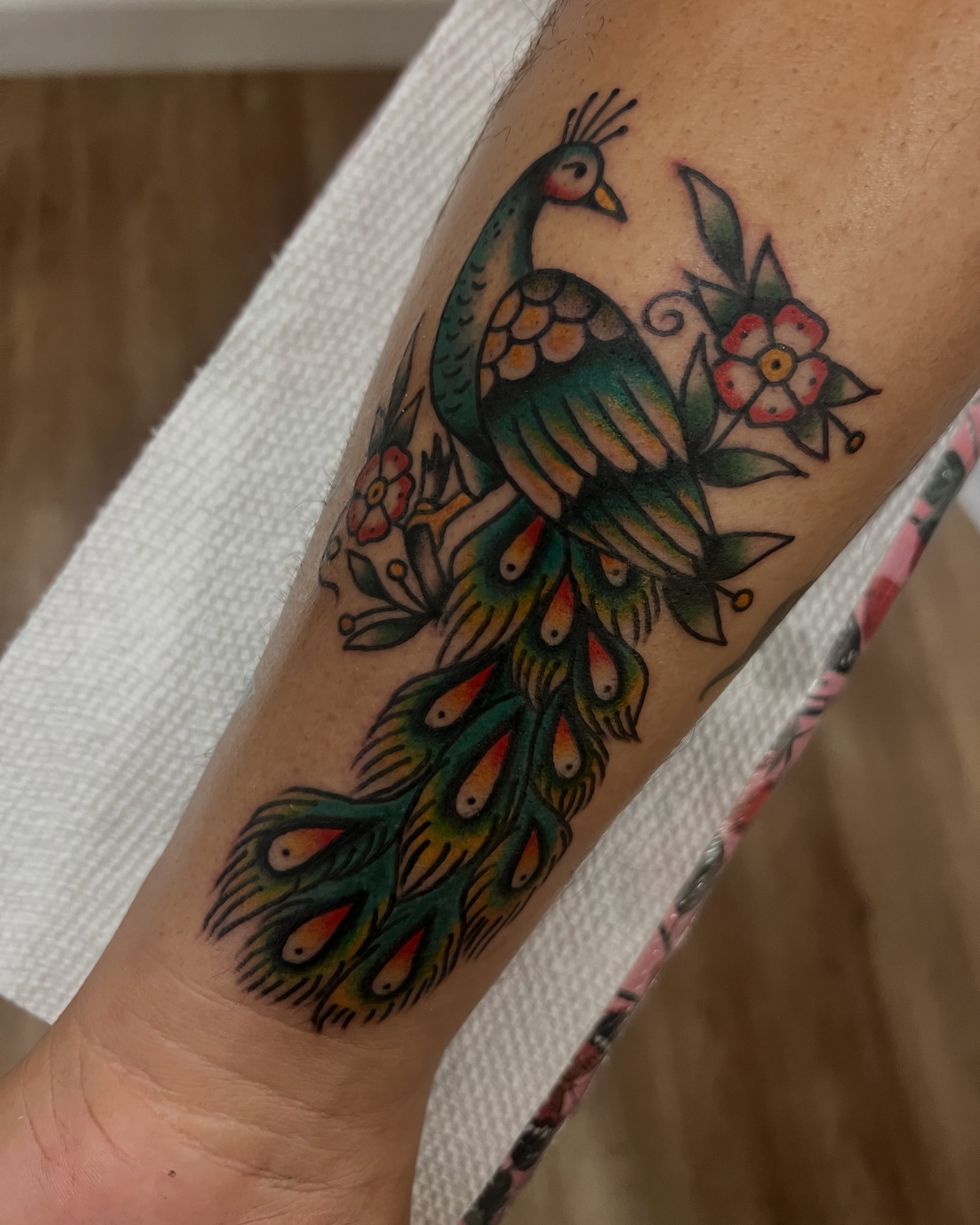 Peacock American traditional tattoo on the forearm by Samantha Citer