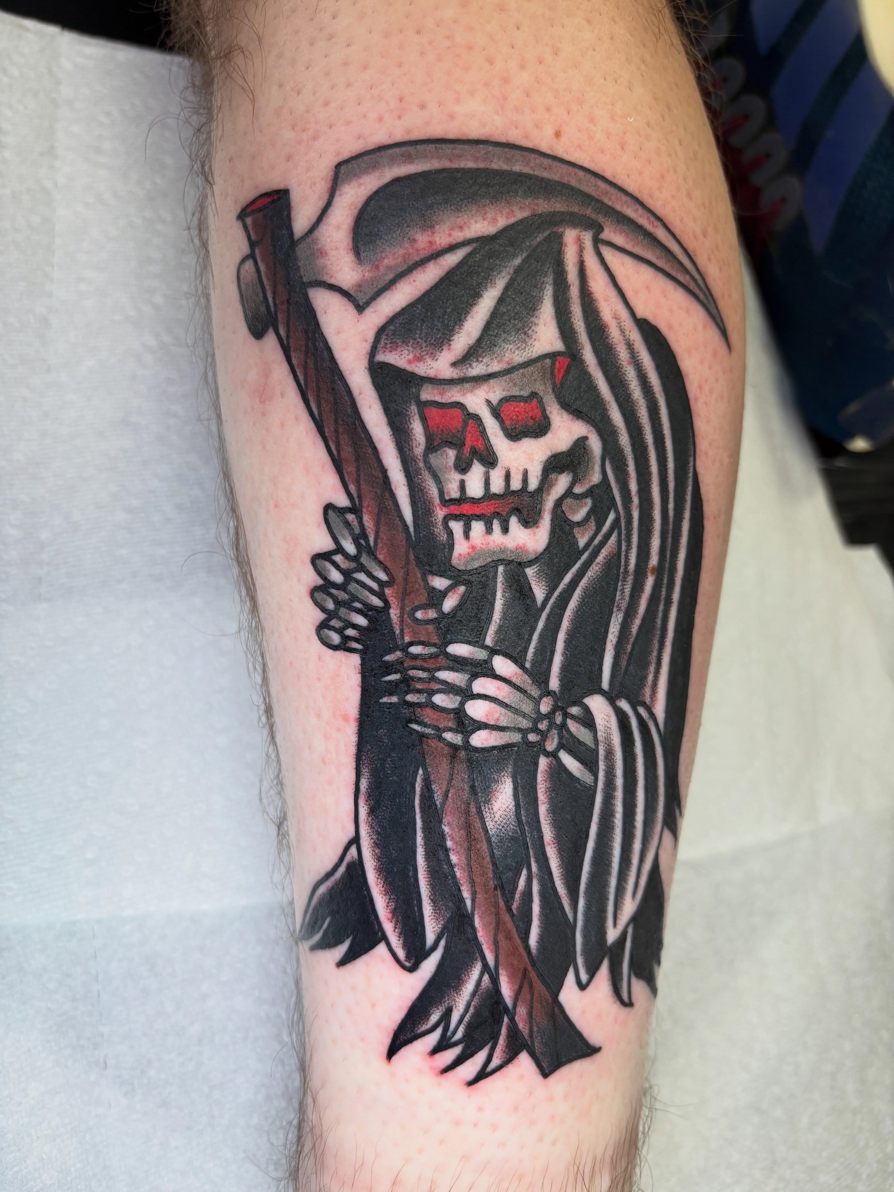 Grim reaper American traditional tattoo on the forearm by AARON MASTERS - Tattoo Artist