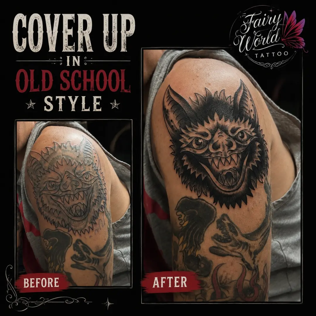 Demon head tattoo on the shoulder by Tanya Tattoota