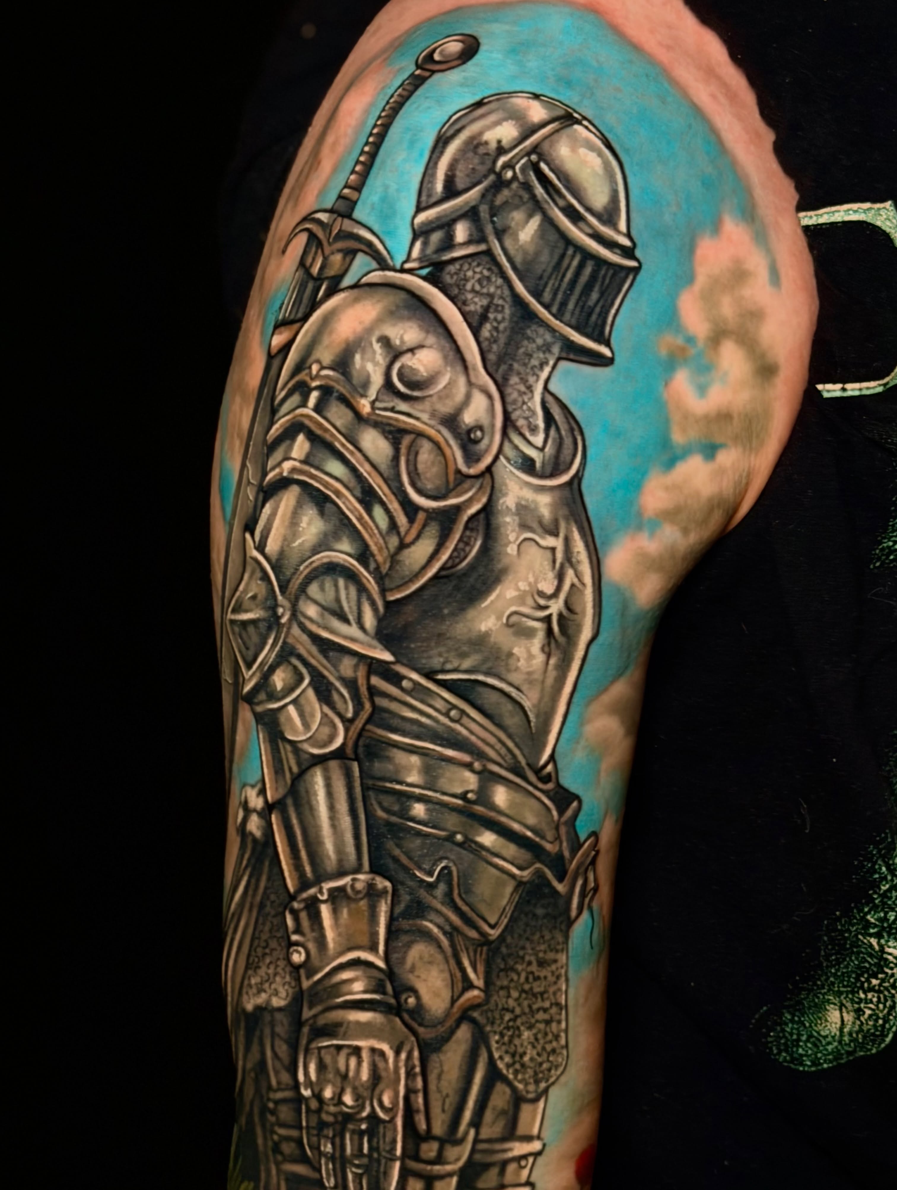 Knight armor realism tattoo on the forearm by Izak Blanke, Murfreesboro, Tennessee