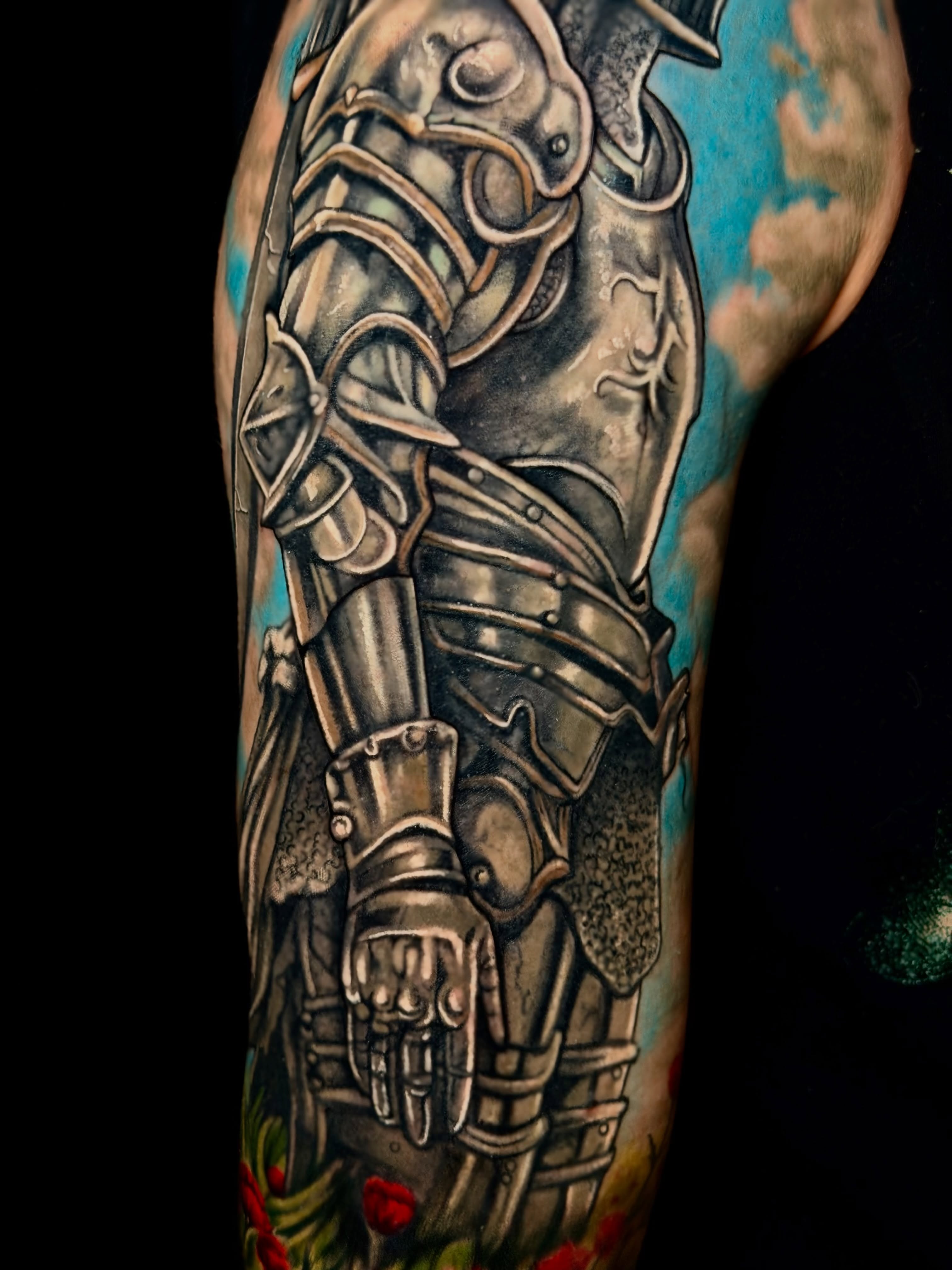 Knight armor realism tattoo on the forearm by Izak Blanke, Murfreesboro, Tennessee