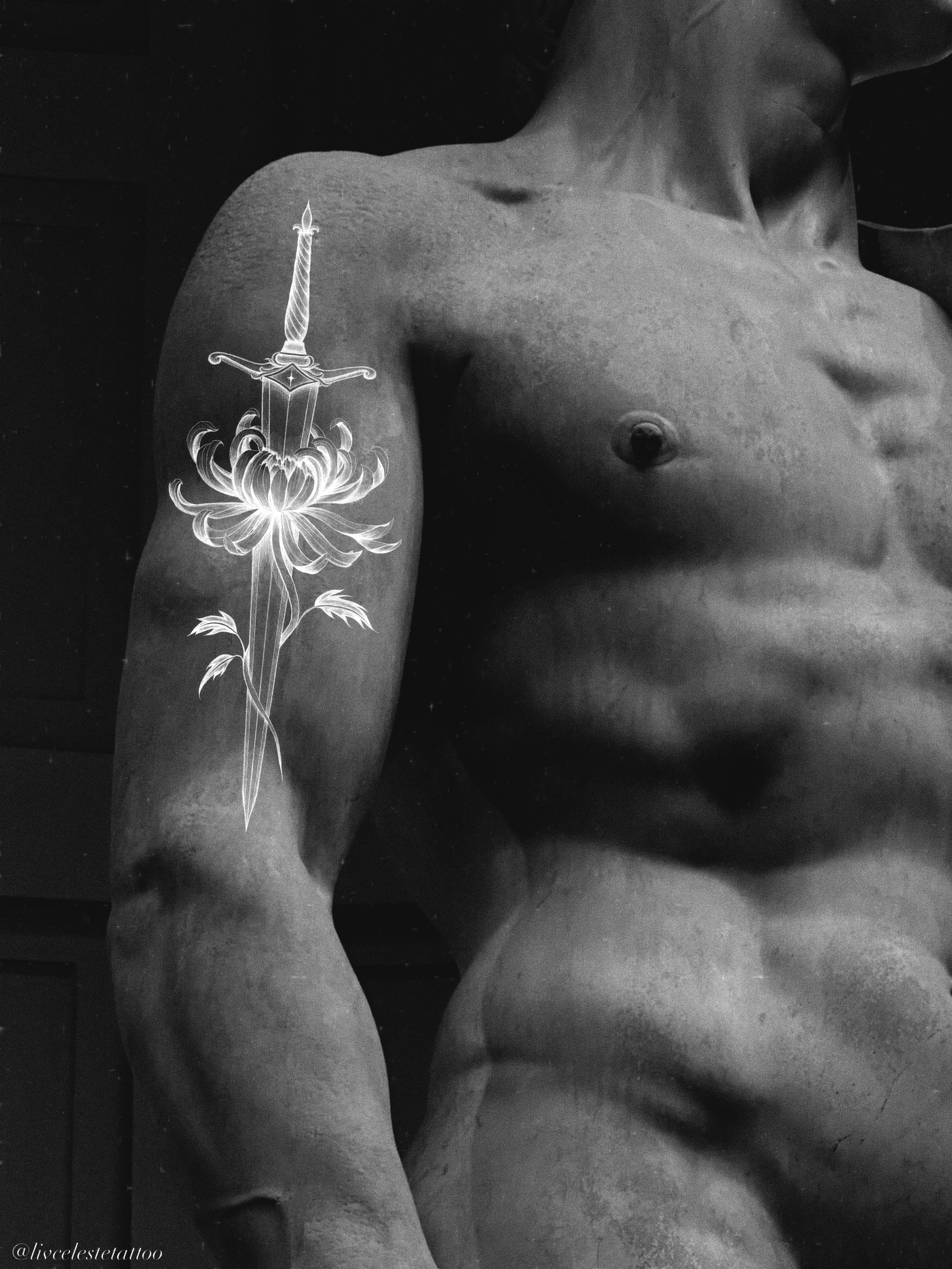 Sword and chrysanthemum black and grey tattoo on the upper arm by ༻❁༺ ⟡ 𝑳𝒊𝒗 𝑪𝒆𝒍𝒆𝒔𝒕𝒆 ⟡ ༻❁༺