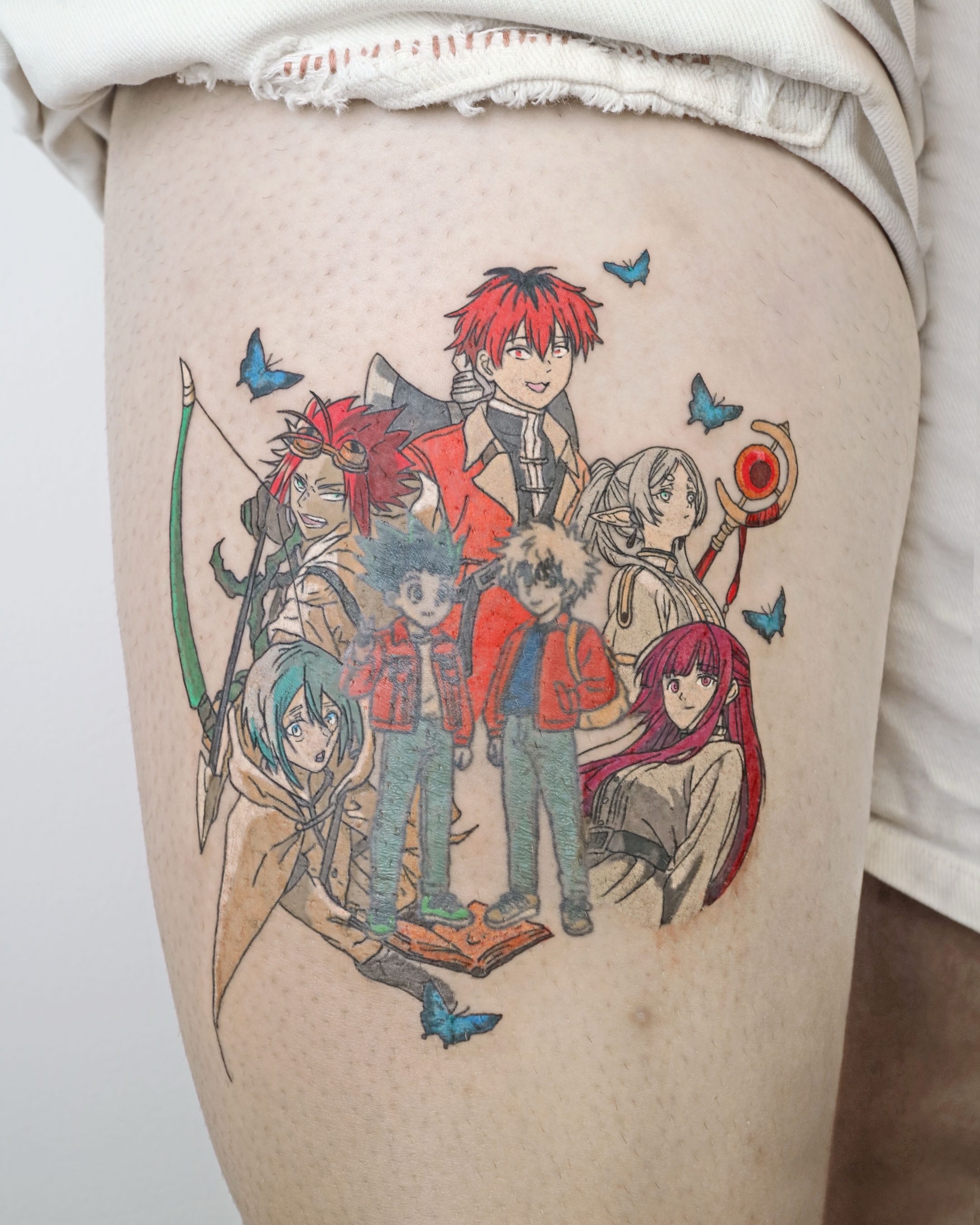 Anime characters anime tattoo on the thigh by Aroha