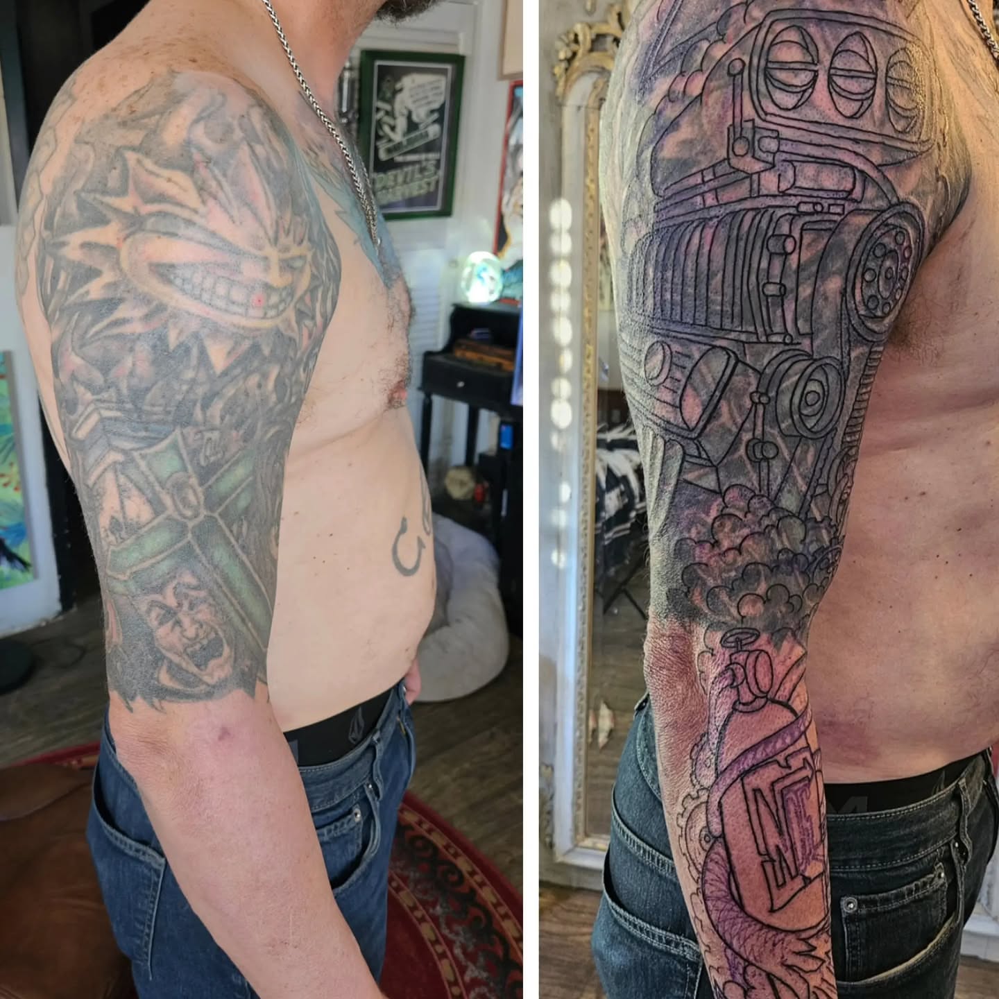 Steam punk vehicle geometric tattoo on the upper arm by Shane Watkins